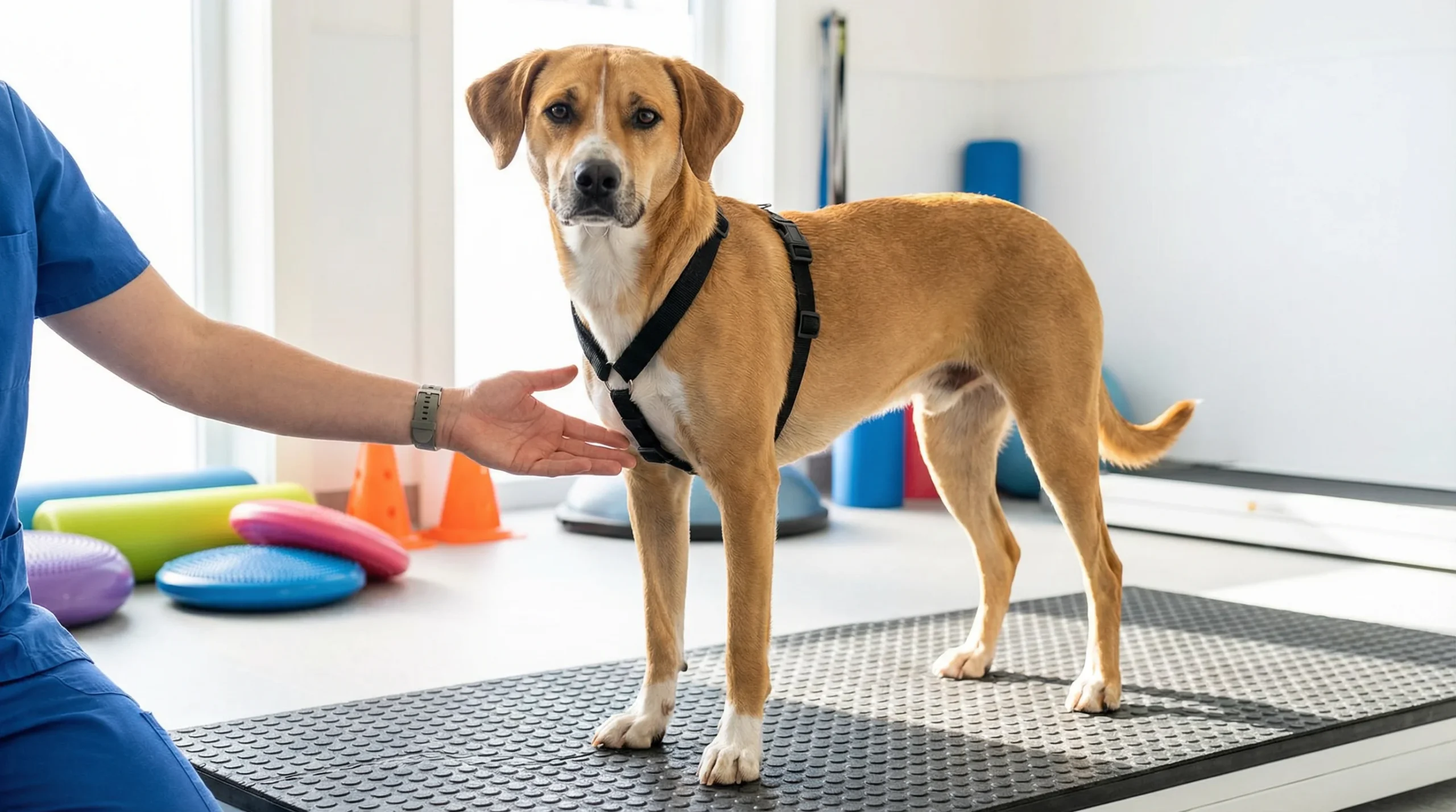 Eye-level photograph of a medium-sized mixed-breed dog standing squarely on a black non-slip rubber mat in a bright canine rehab room. The dog holds a
