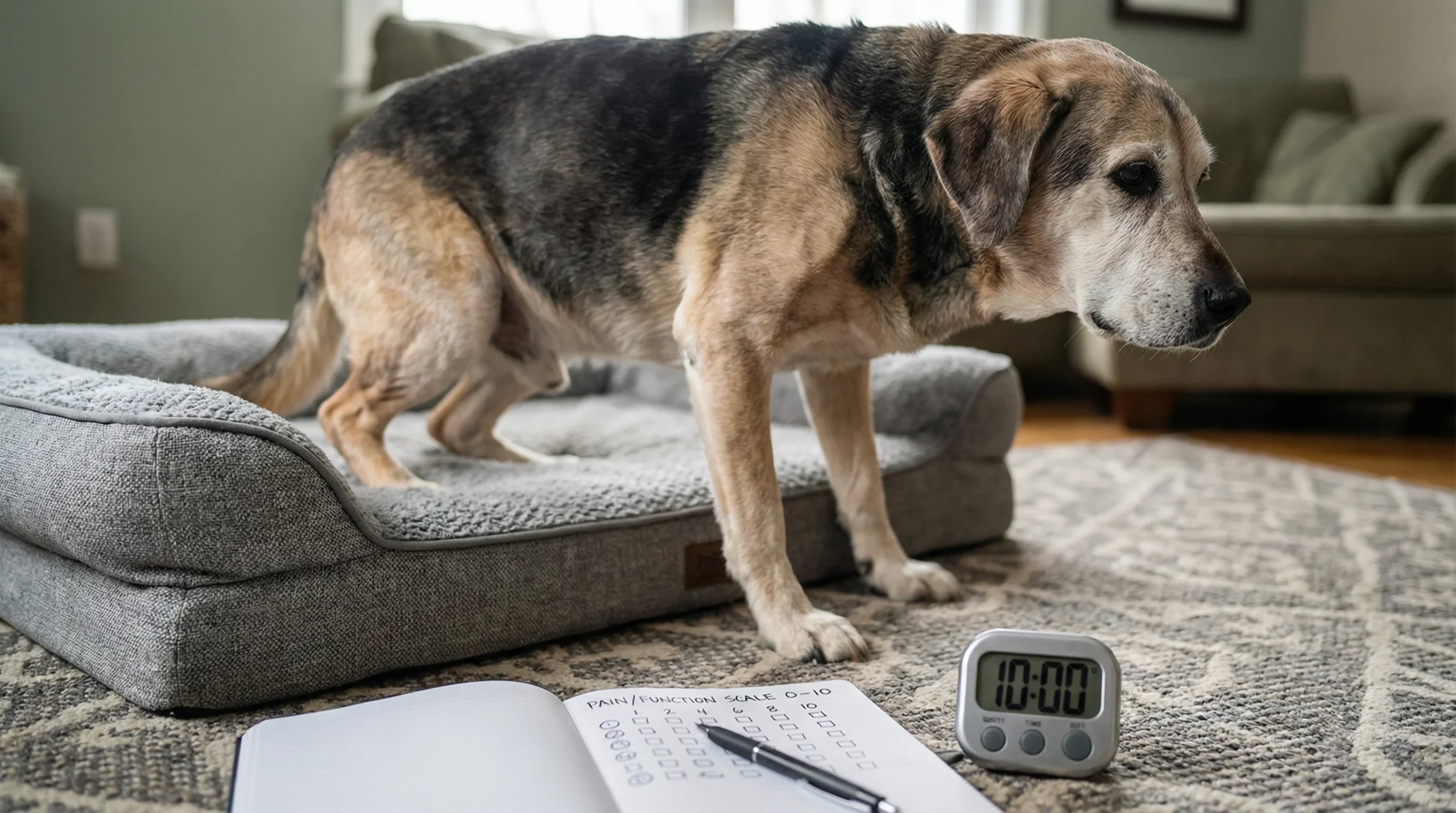 Senior Labrador retriever mix slowly rising from an orthopedic dog bed on a non-slip rug, showing mild stiffness. In the foreground, an open notebook 