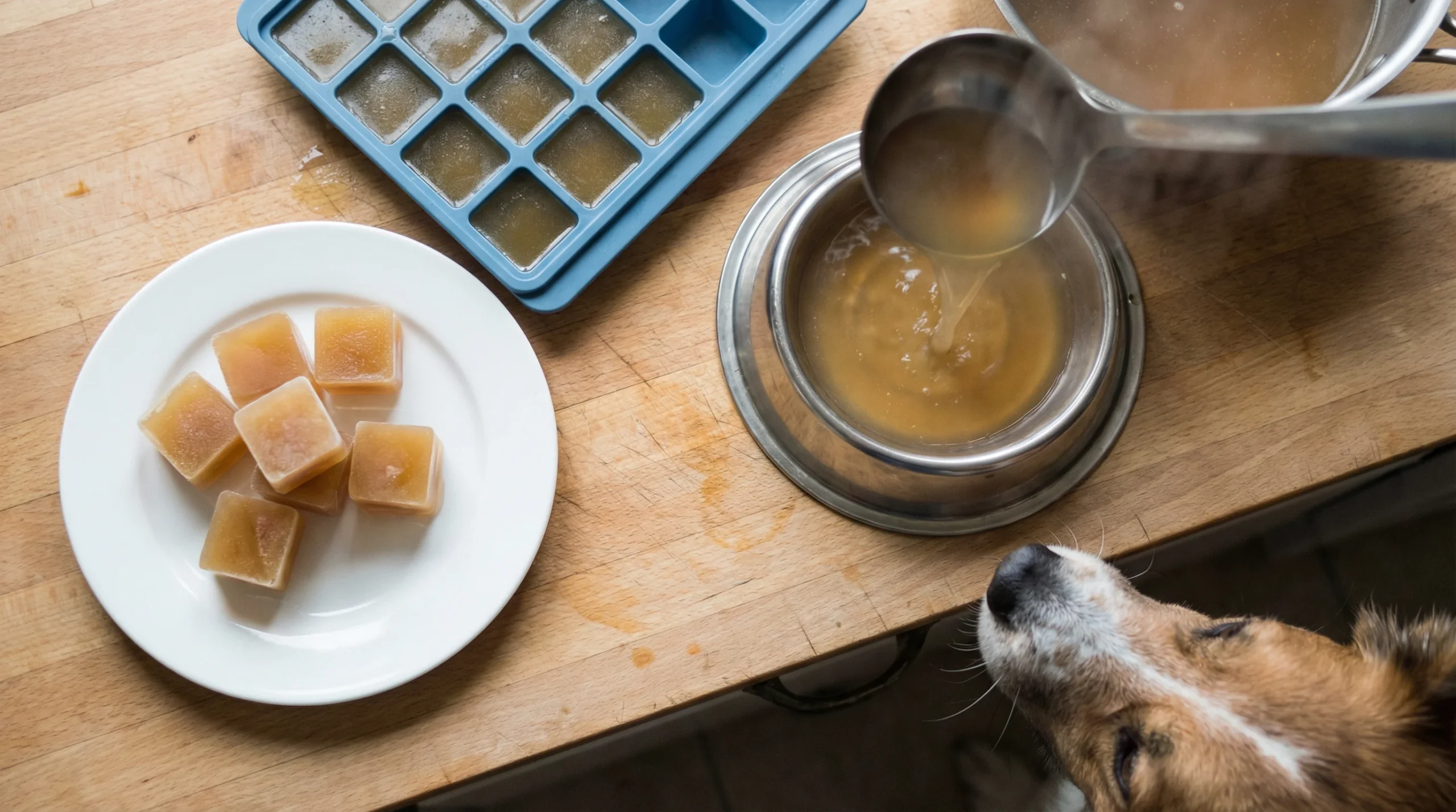 Overhead shot of a wooden kitchen countertop prepared for serving bone broth to a dog. Silicone ice cube trays filled with amber broth, several frozen