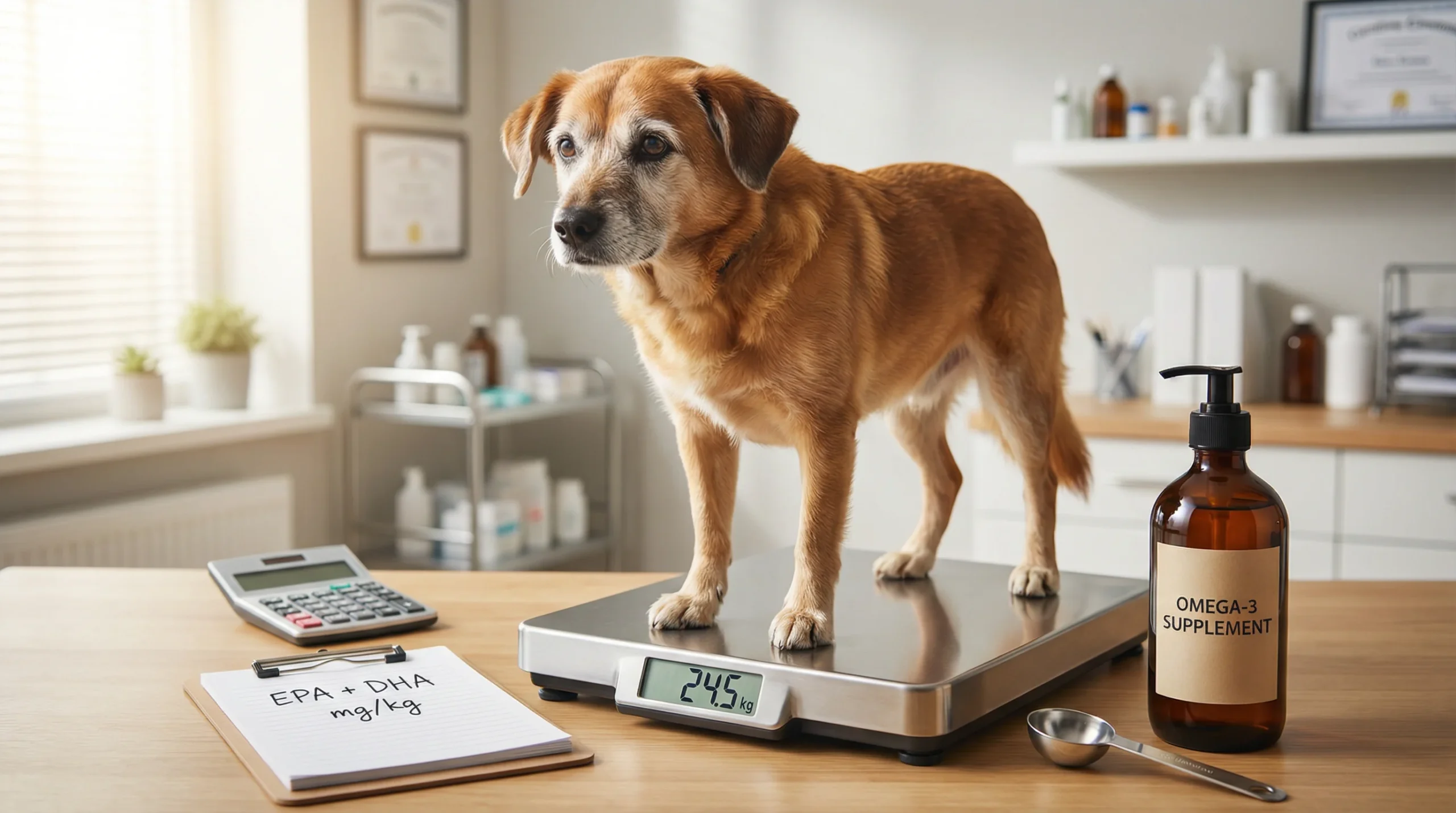 Bright veterinary clinic scene: a medium-sized senior dog (golden-brown mixed breed) standing calmly on a digital pet scale. In the foreground on a ne