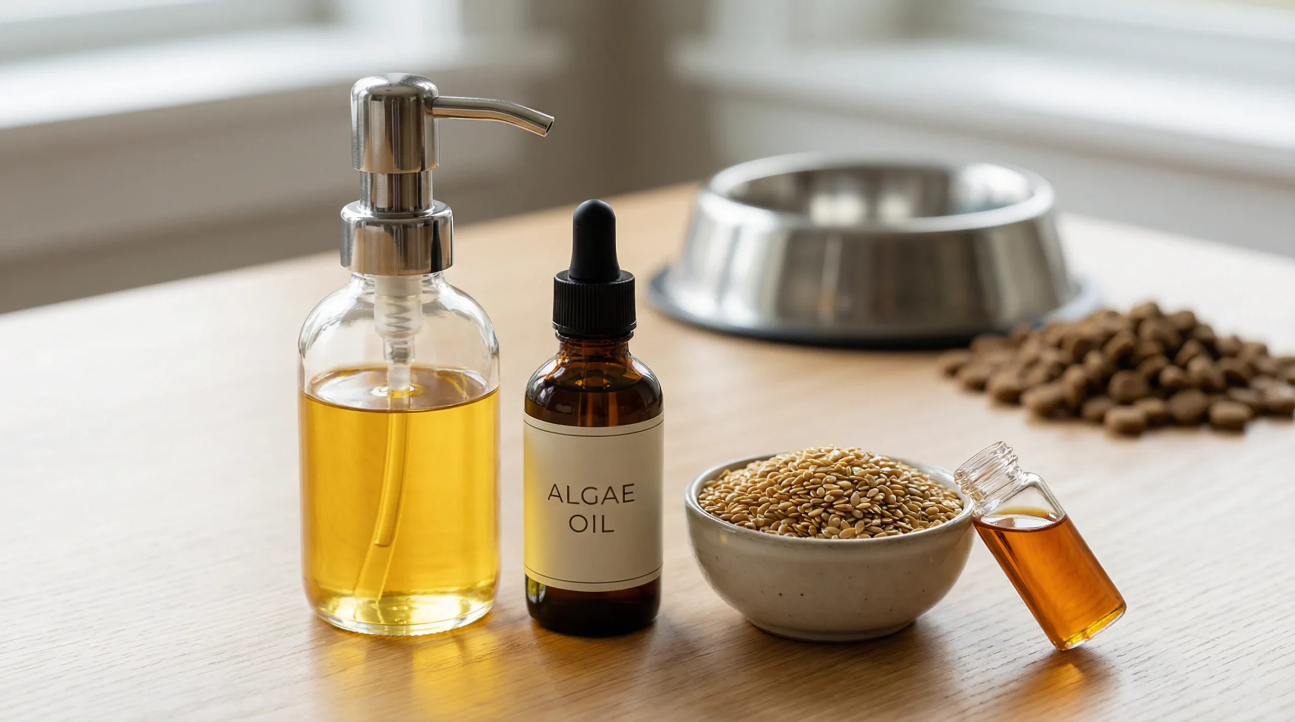 Close-up tabletop photography showing three omega-3 sources for dogs: a clear pump bottle of fish oil, a dark glass dropper bottle labeled 'algae oil'