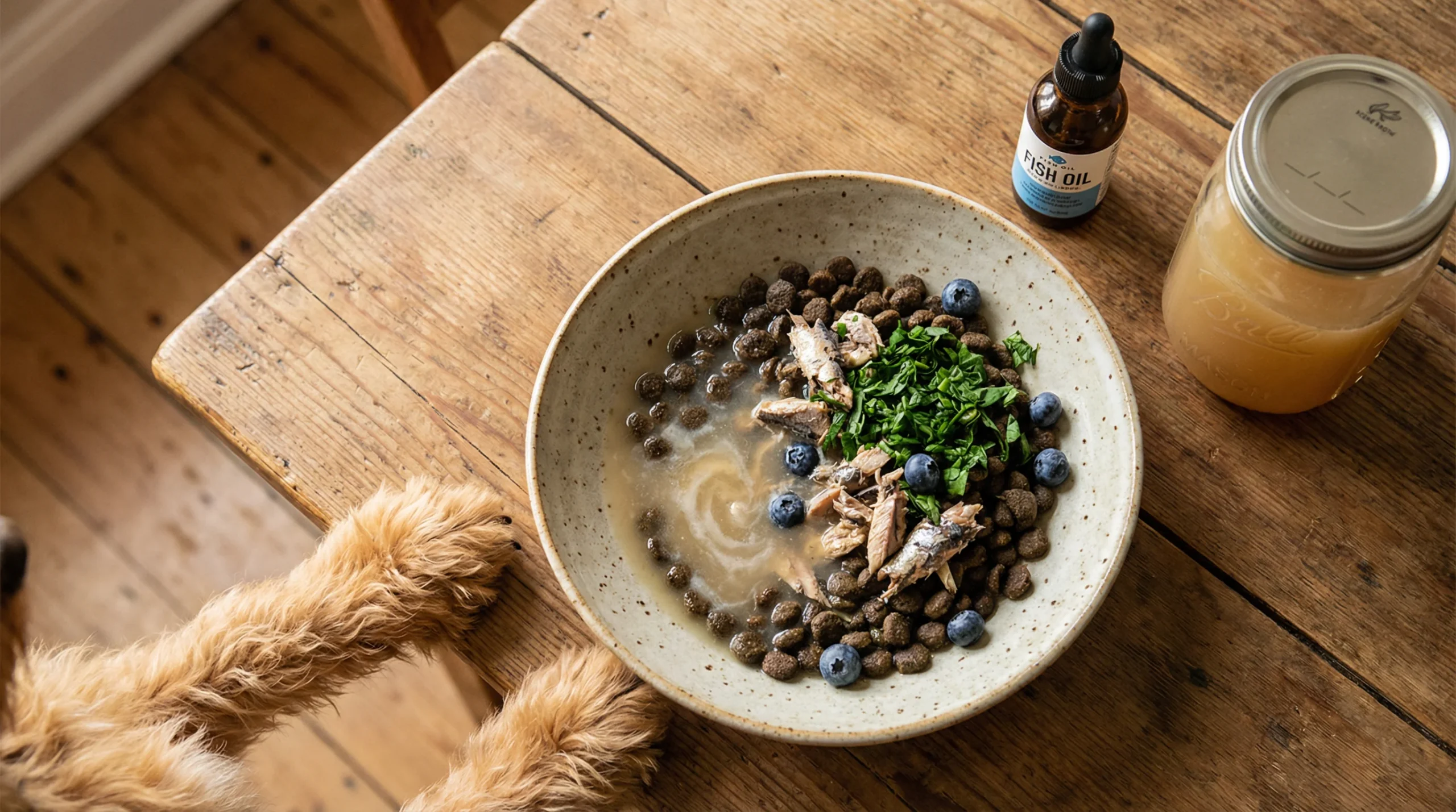 Top-down shot of preparing a joint-supportive dog meal: shallow ceramic bowl with warm bone broth over kibble, shredded sardines, chopped spinach, and