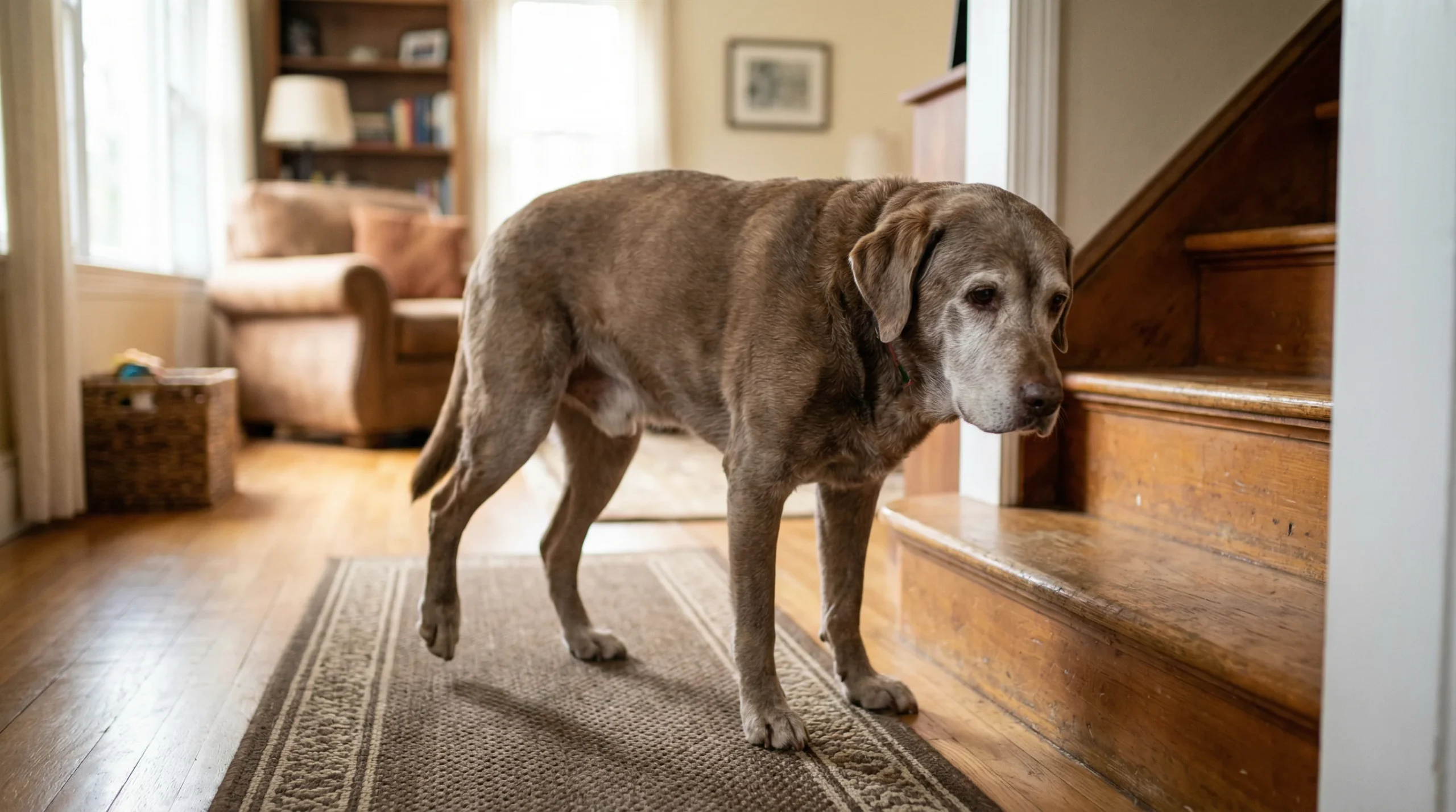 A medium-sized senior Labrador retriever hesitating at the base of a wooden staircase, weight shifted off the left hind leg, slightly arched back, sho