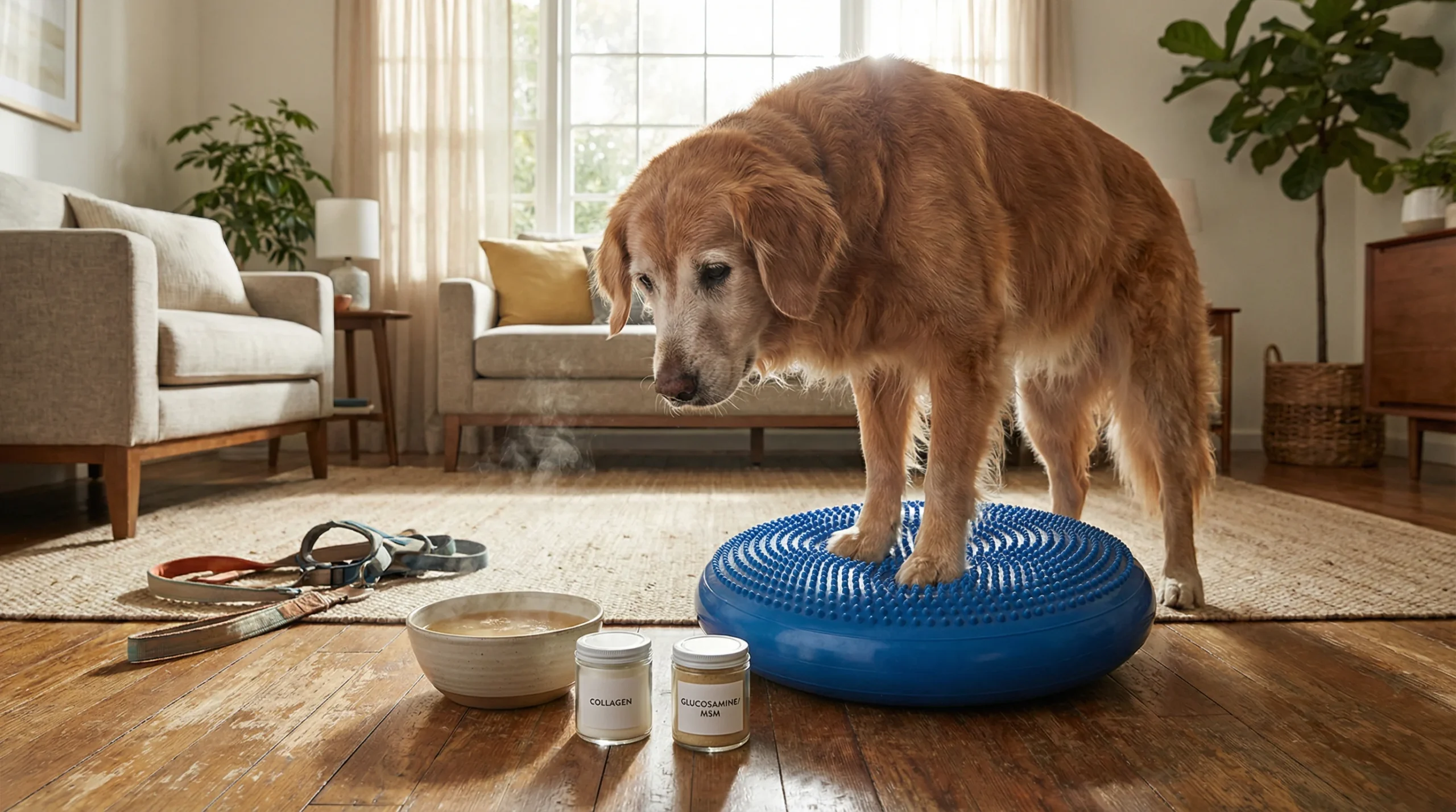 A senior medium-size dog (golden retriever mix) doing gentle balance training on a blue wobble cushion in a bright living room. Next to the dog on the