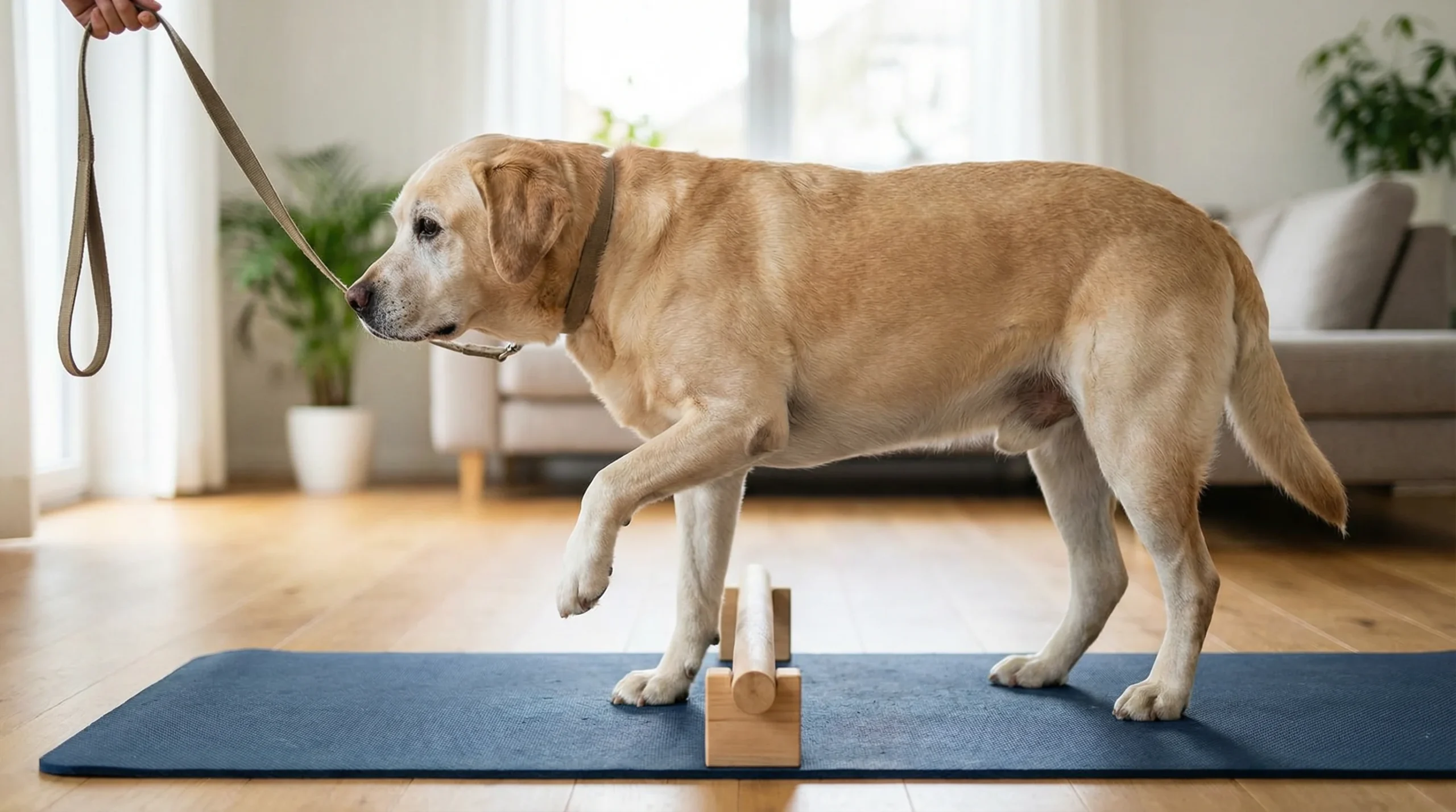 Side-on photo of an older yellow Labrador retriever stepping slowly over low, evenly spaced cavaletti poles (5–10 cm high) placed on a non-slip mat. L