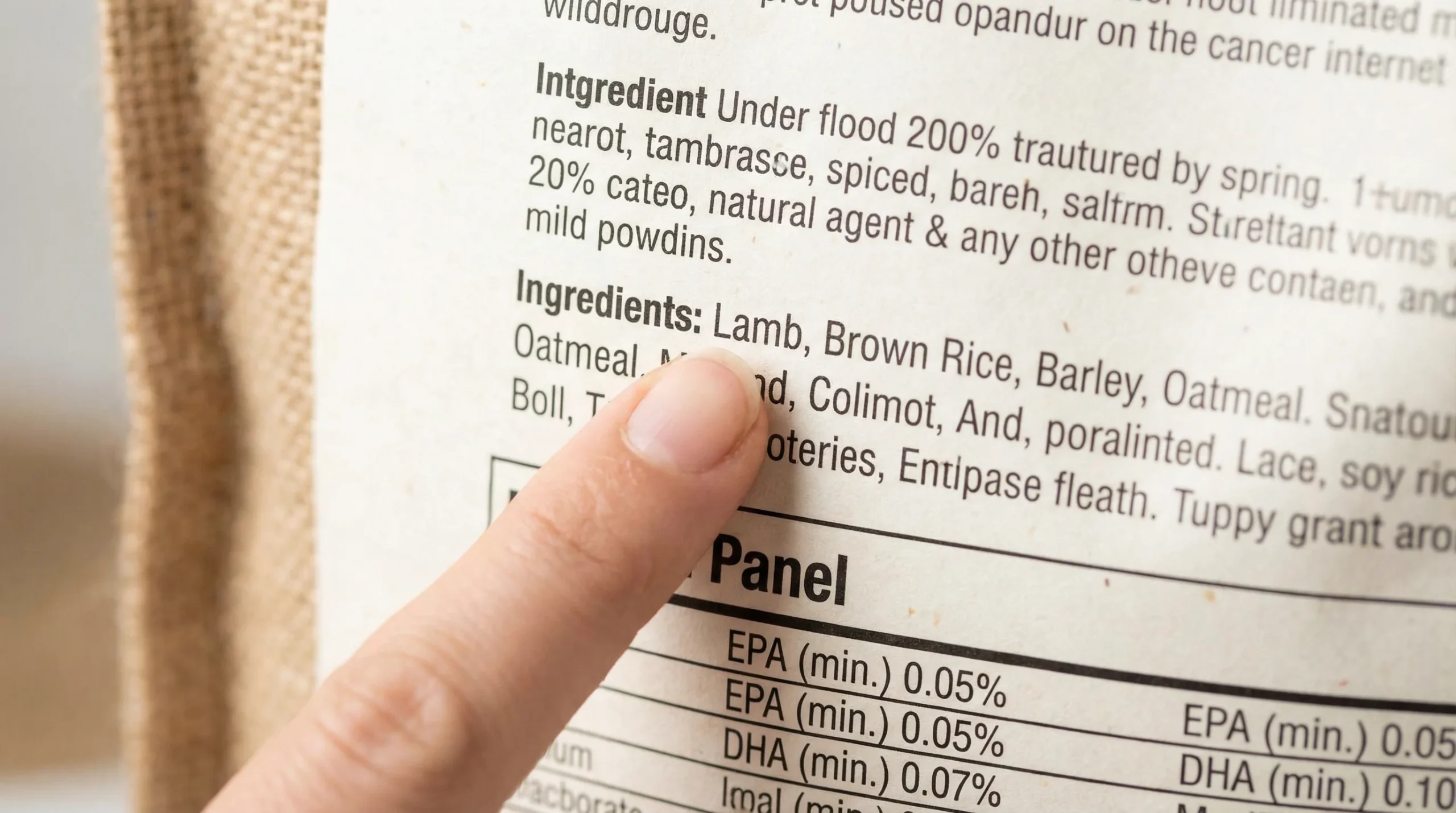 Macro photograph of a pet food bag label showing a clear ingredient list with a single animal protein listed as 'lamb' and a nutrition panel including