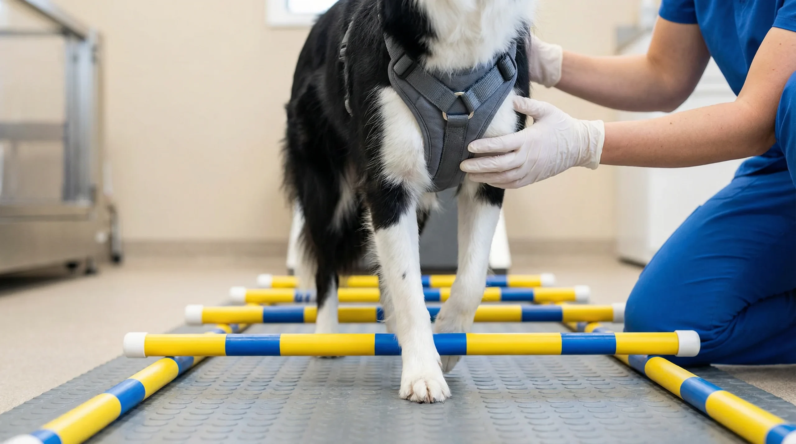 Professional canine rehabilitation clinic: a border collie performing slow cavaletti pole walking over low, evenly spaced poles on a rubber mat; the d