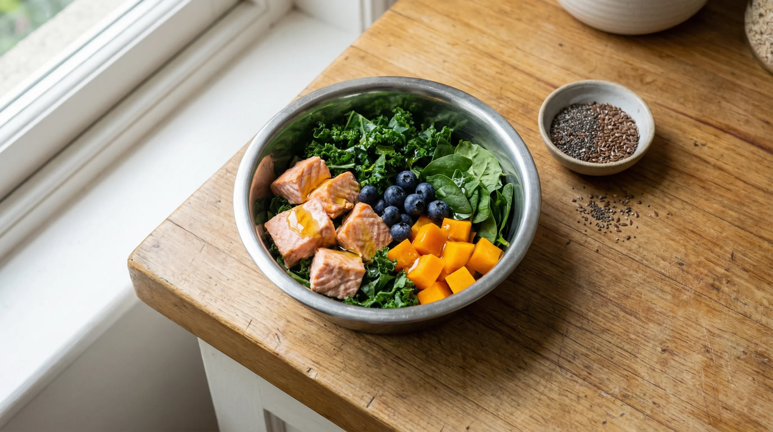 Overhead photo of a dog's joint-friendly meal: a stainless steel bowl with cooked salmon or sardines, diced leafy greens and colorful vegetables (blue
