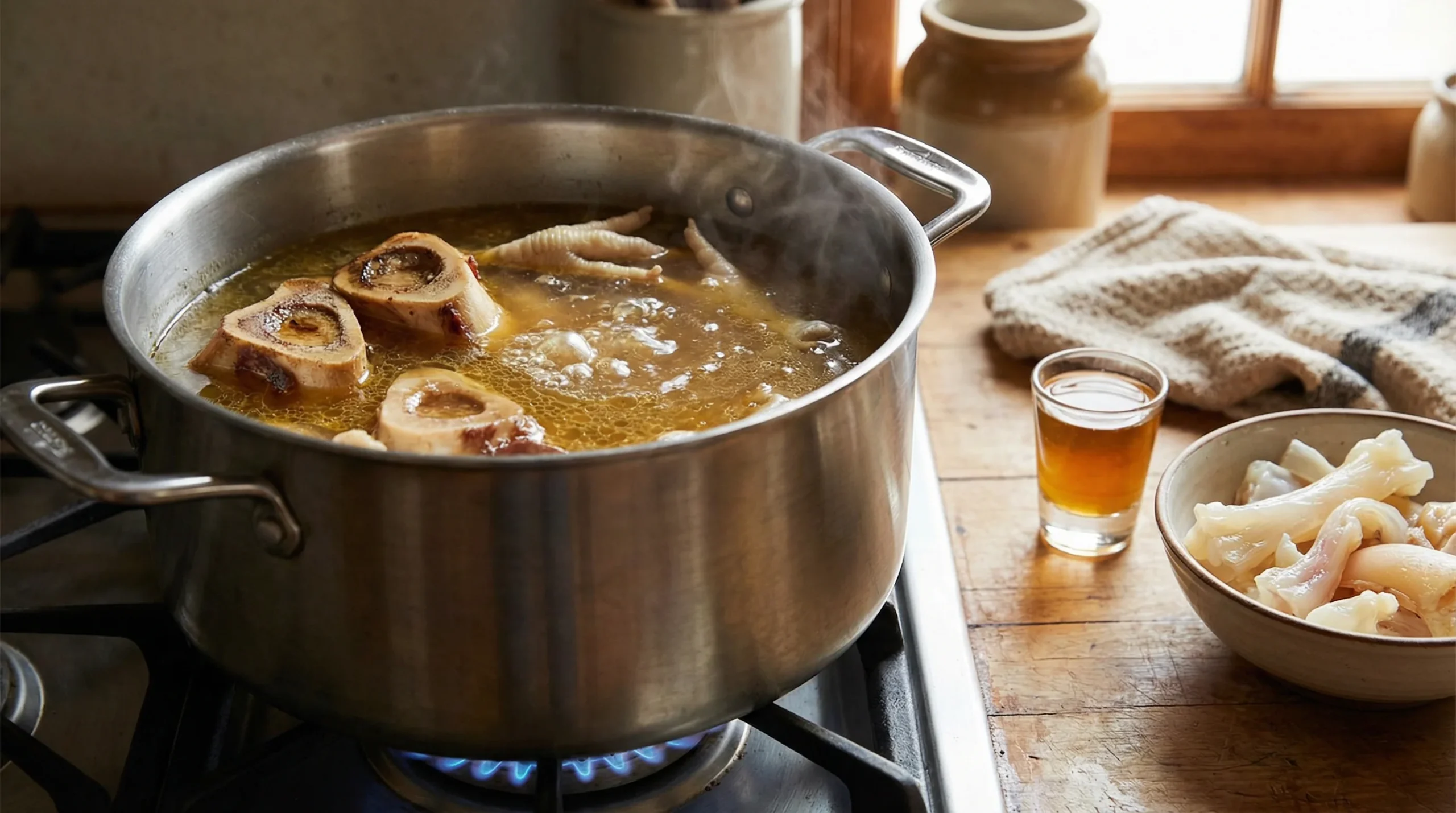 Close-up of a stainless steel stockpot simmering bone broth on a gas stove. Beef marrow bones and chicken feet submerged in clear amber liquid, gentle