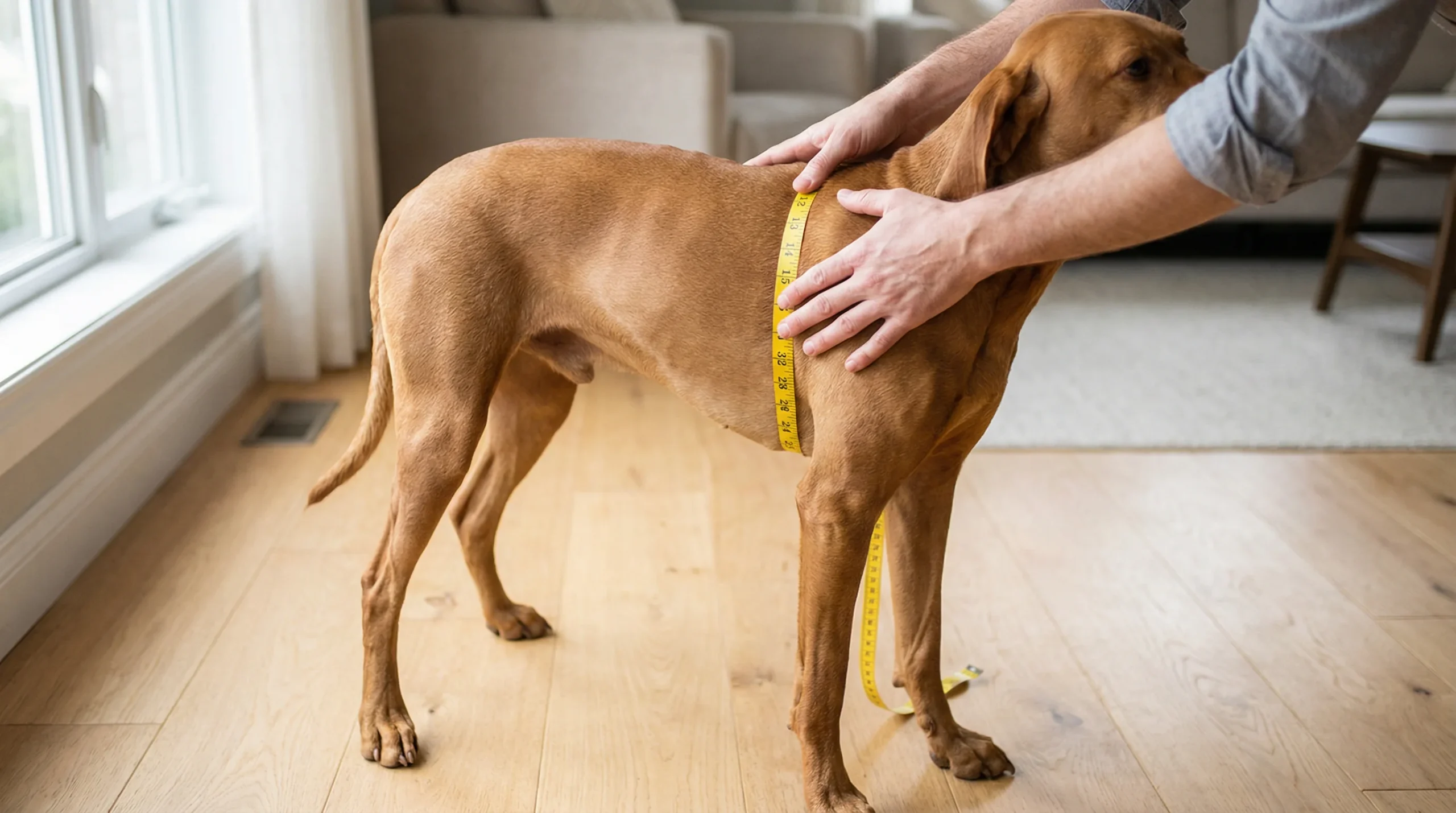 Top-down three-quarter view of a calm, short-haired medium-size dog standing on a light hardwood floor. A pair of hands (no face visible) gently palpa