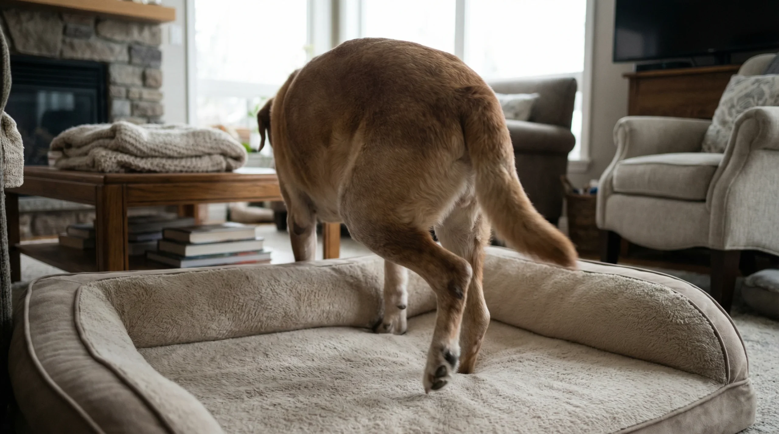 A senior large-breed dog (Labrador Retriever) rising carefully from a cushioned dog bed in a cozy living room; composition focuses on the hips and kne