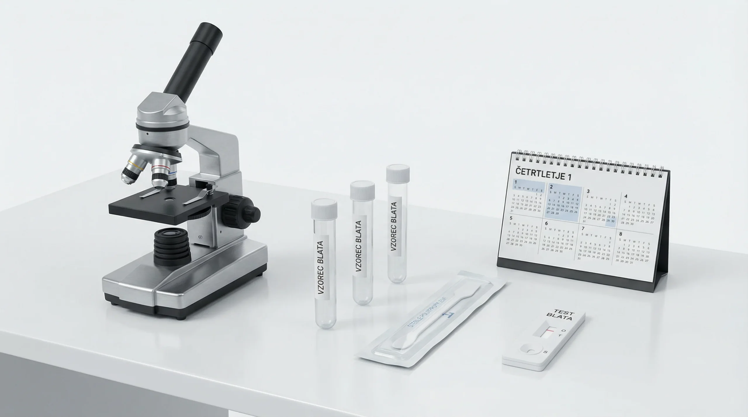 3D render čiste laboratorijske postavitve za testiranje blata hišnih ljubljenčkov: namizni mikroskop iz brušenega aluminija in črnega mata, tri prozor