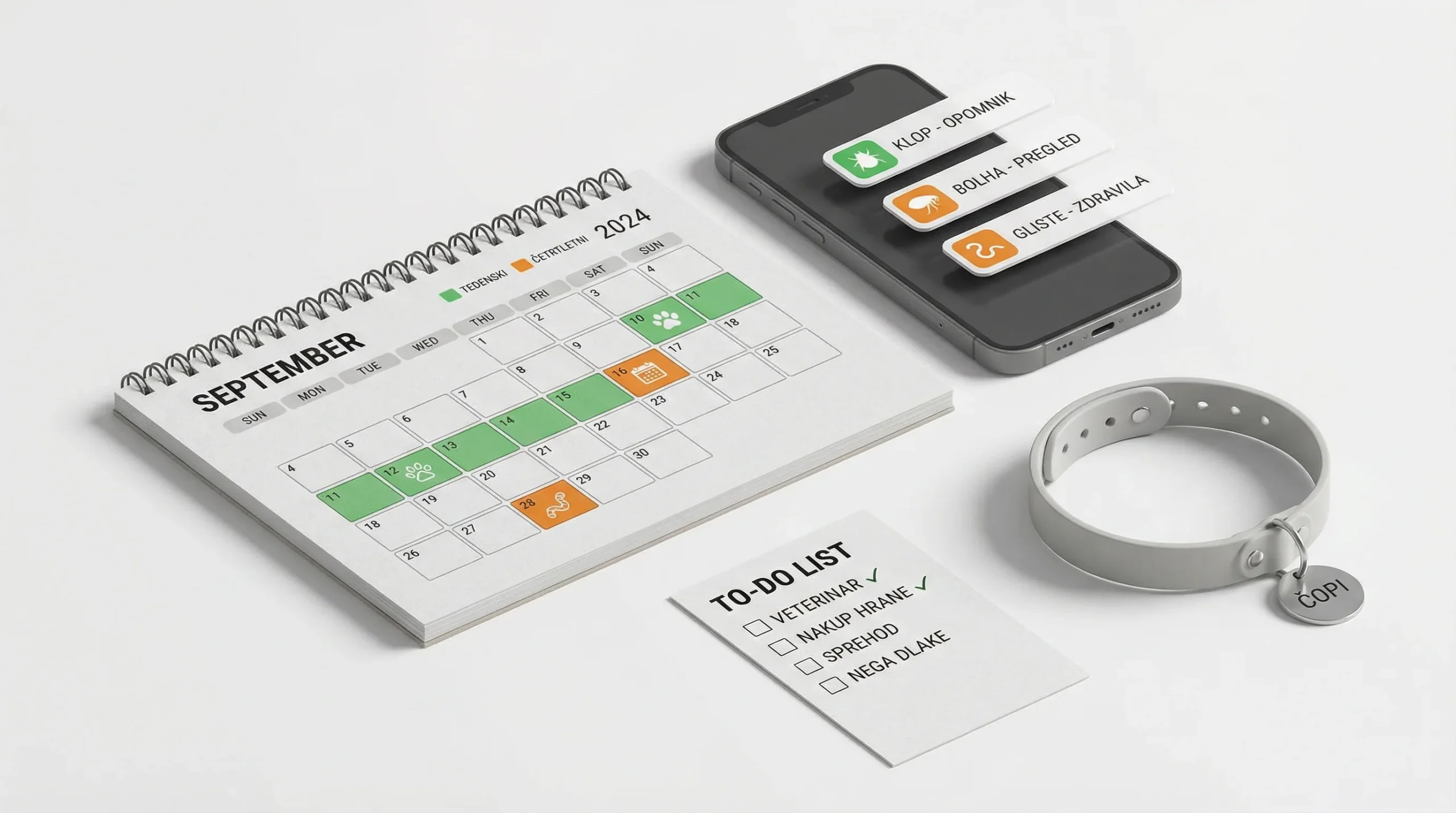 3D render minimalističnega delovnega namizja z mesečnim koledarjem za hišne ljubljenčke (list z mrežo dni, označeni tedenski, mesečni in četrtletni op