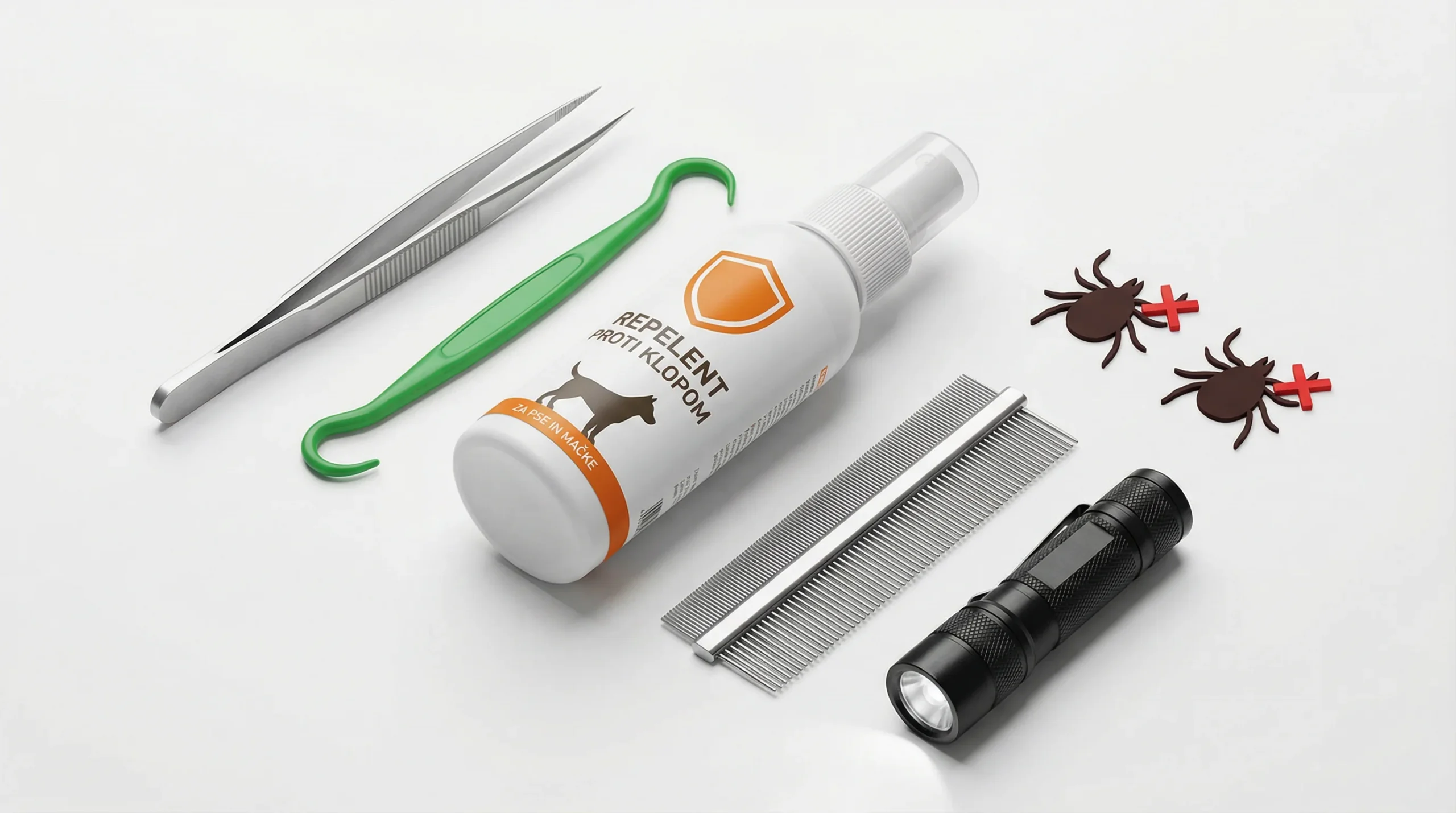 3D render kompleta za preventivo pred klopi na beli studijski površini: nerjaveče jeklene pincete z drobnimi konicami, zeleni plastični odstranjevalec