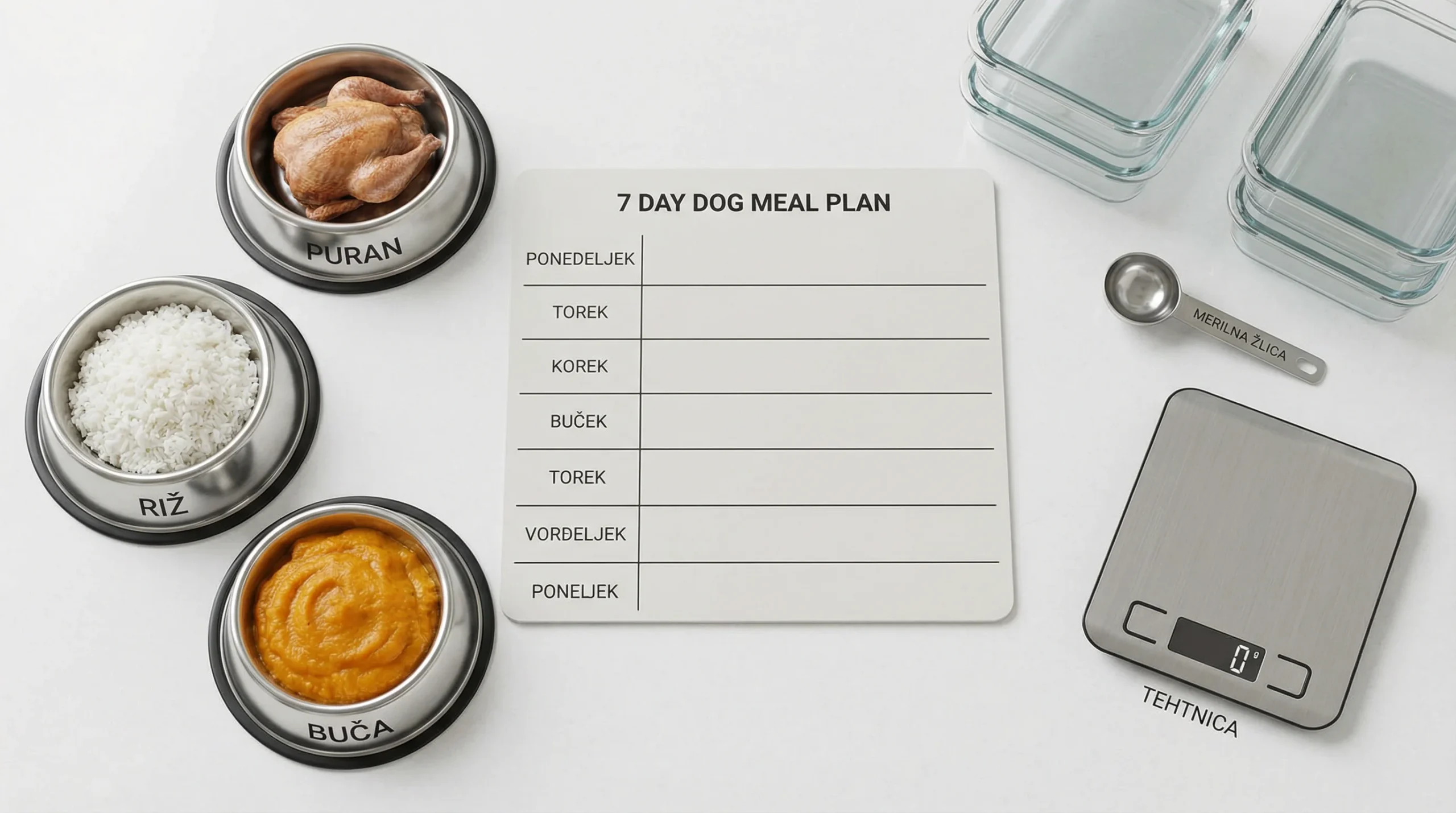 3D render urejenega 7-dnevnega prehranskega načrta za psa: pogled od zgoraj na bel pult z mat načrtovalno tablo (brez besedila), tri nerjaveče pasje p