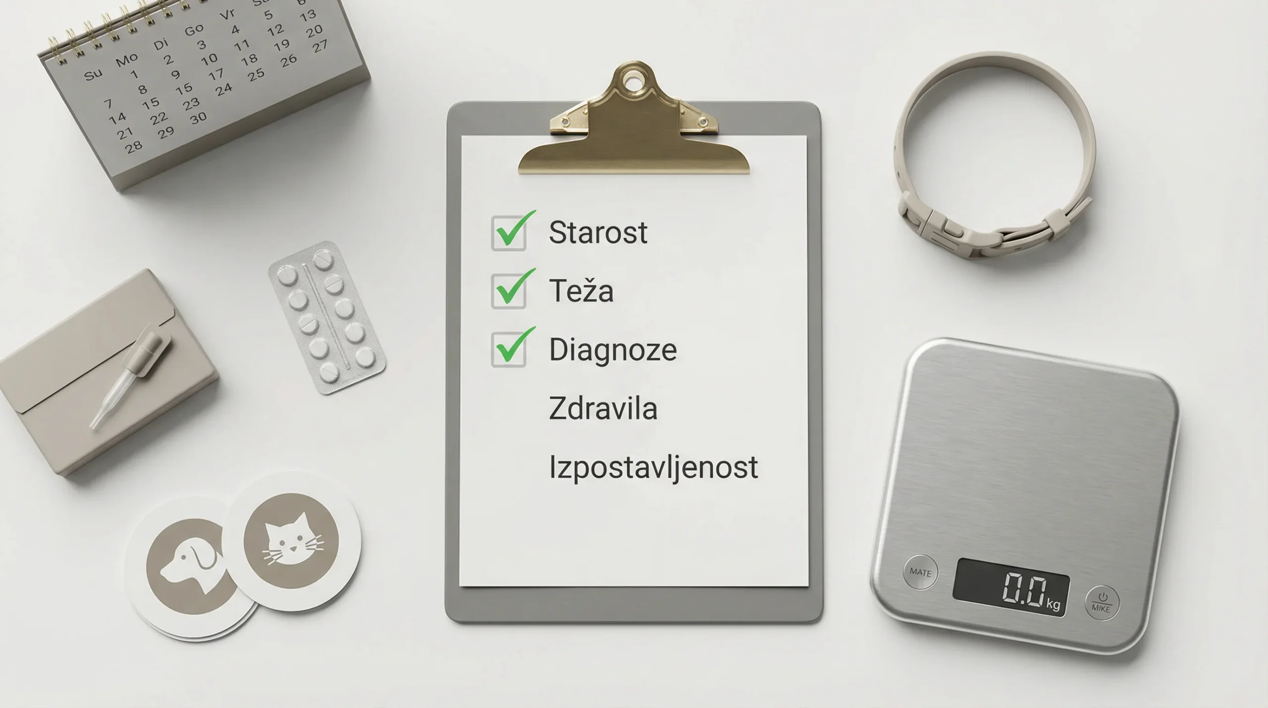 3D render zgoraj-navzdol na belem delovnem pultu: središče zavzema siv clipboard z zlatim kovinskim držalom in listom kontrolnega seznama ('Starost', 