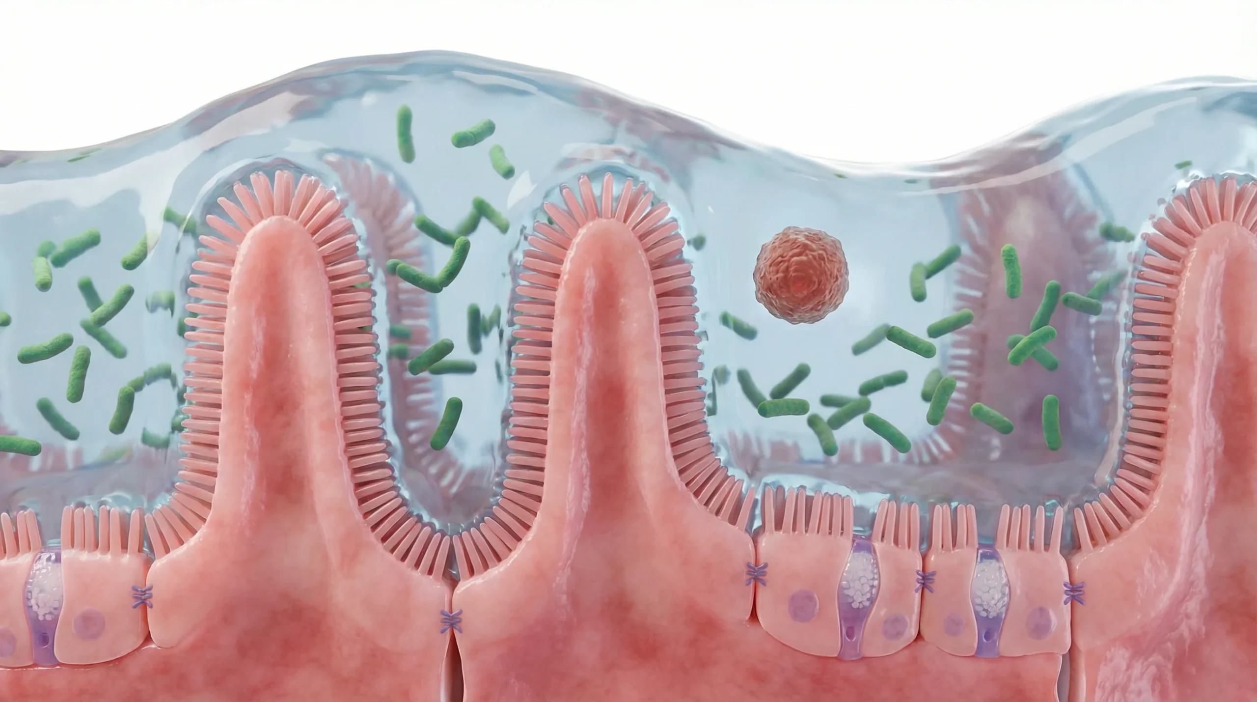 3D render medicinske vizualizacije stene tankega črevesa v prerezu: izrazite resice z mikrovilusi, na vrhu polprosojna plast sluzi (modrikasta, gelast