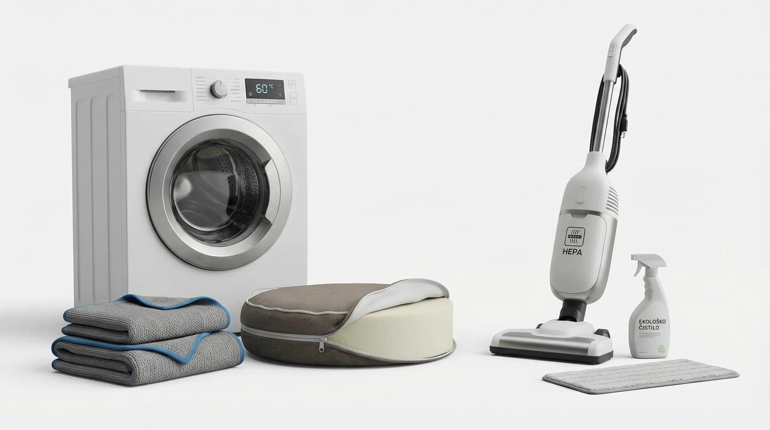 3D render čistih higienskih pripomočkov za dom: levo pralni stroj z odprtino spredaj in digitalnim prikazom 60 °C, ob njem zložene pralne odeje za pse