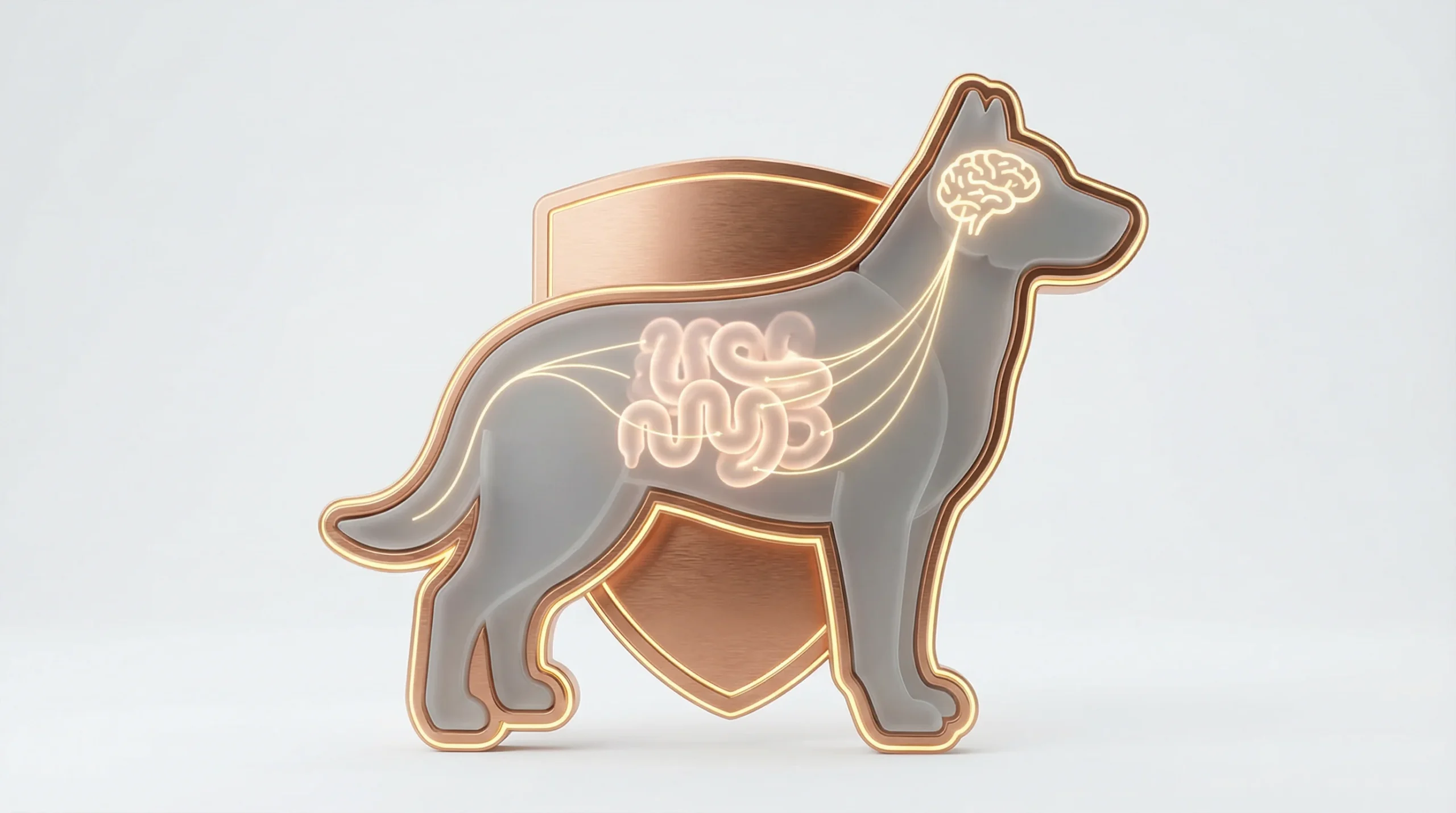 3D render stiliziranega psa v profilu kot plastna anatomska silhueta: v trupu polprosojno prikazane črevesne zanke (mikrobiom), v glavi ikona možganov