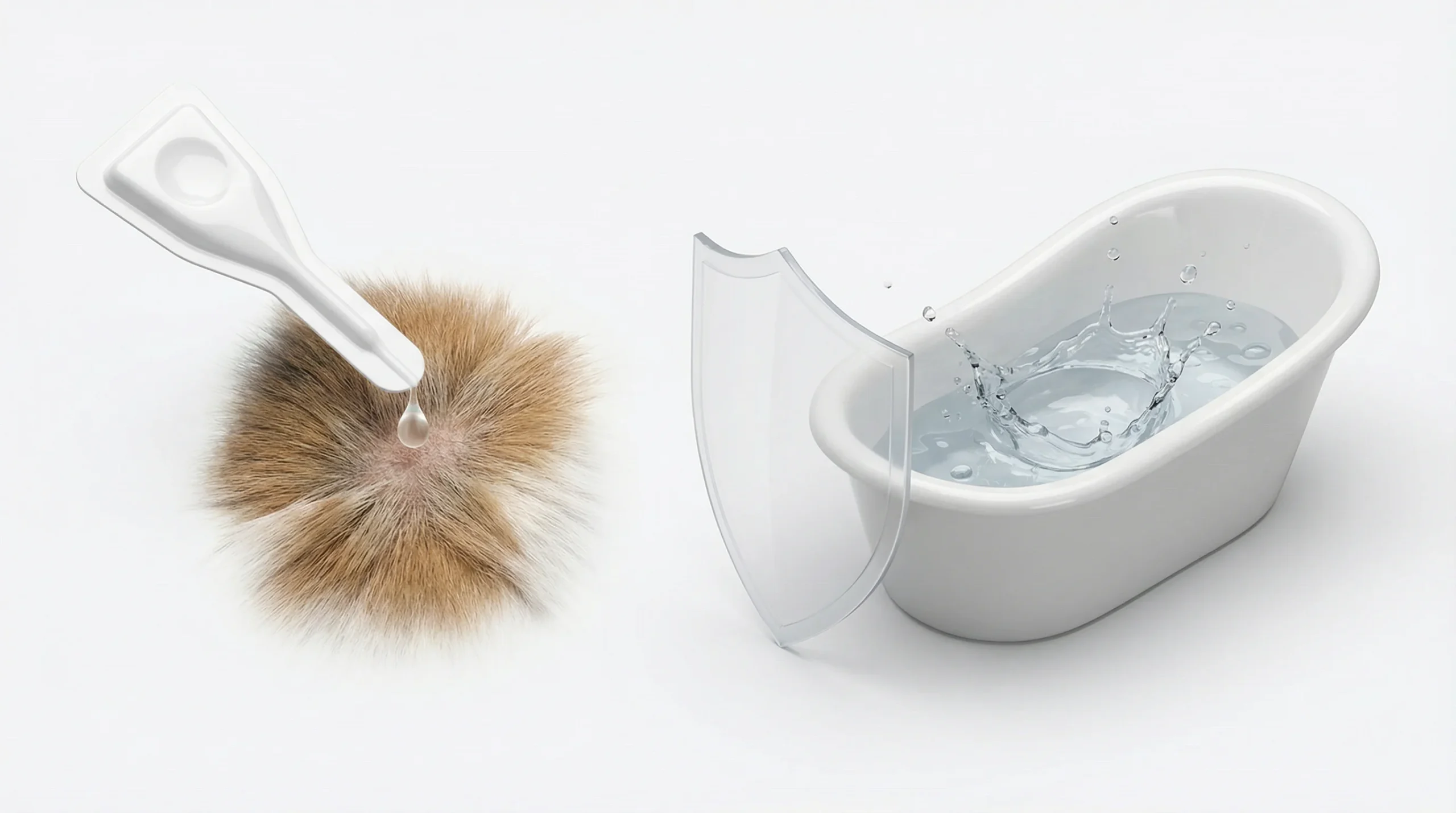 3D izris v izometrični kompoziciji: levo bela spot-on pipeta (ABS plastika, rahlo sijaj) z eno kapljico nad razmaknjeno dlako na vratu psa (vidna suha