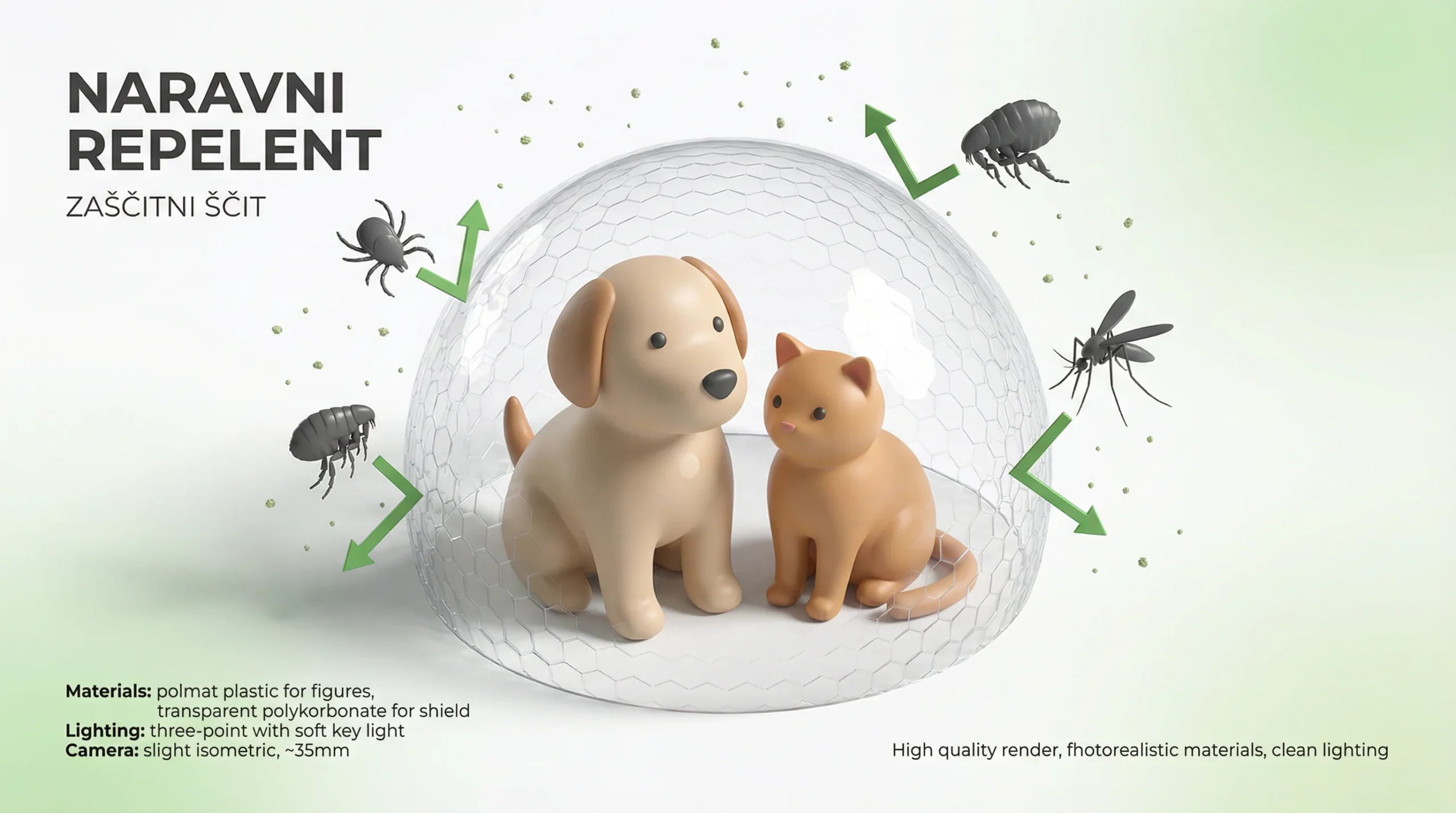 3D render zaščitnega ščita okoli psa in mačke, prikaz delovanja naravnega repelenta; središče: stiliziran pes in mačka (čiste, mehko zaobljene oblike,