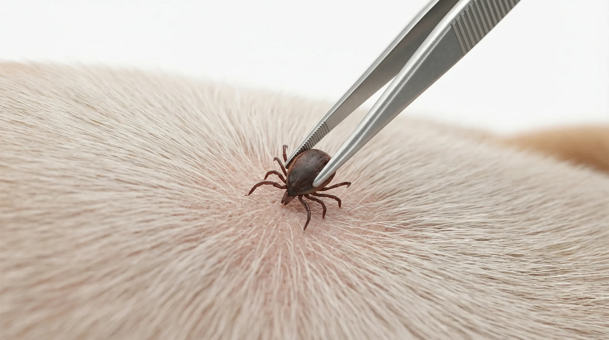 3D izris makro prizora odstranjevanja klopa z drobnimi, nerjavečimi pincetami (saten zaključek), prijem tik ob koži psa in enakomeren vertikalen vlek;