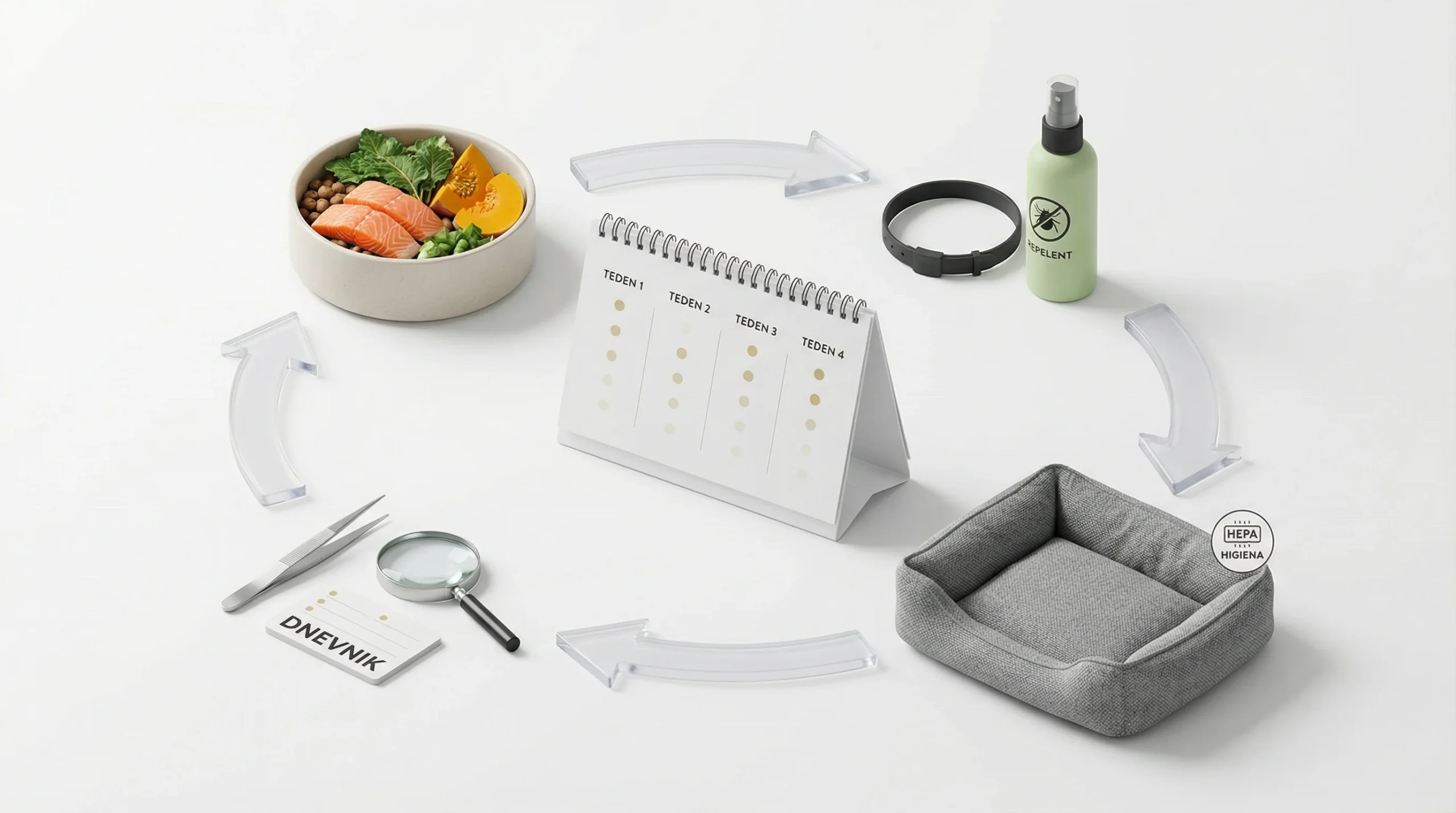 3D render ciklične kompozicije, ki predstavlja 4‑tedenski protokol: na sredini čist bel namizni koledar z označenimi štirimi zaporednimi tedni (nežne 