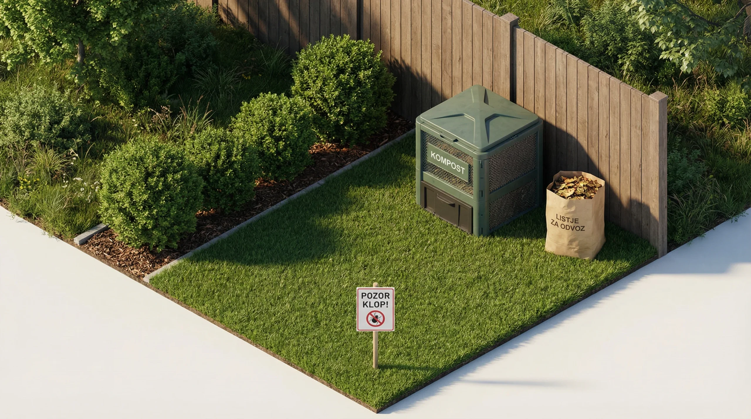 3D render urejenega dvorišča: kratko pokošena trata, obrezano grmičevje, zaprta kompostna posoda in ograja brez vrzeli. V ospredju opozorilna tabla z 