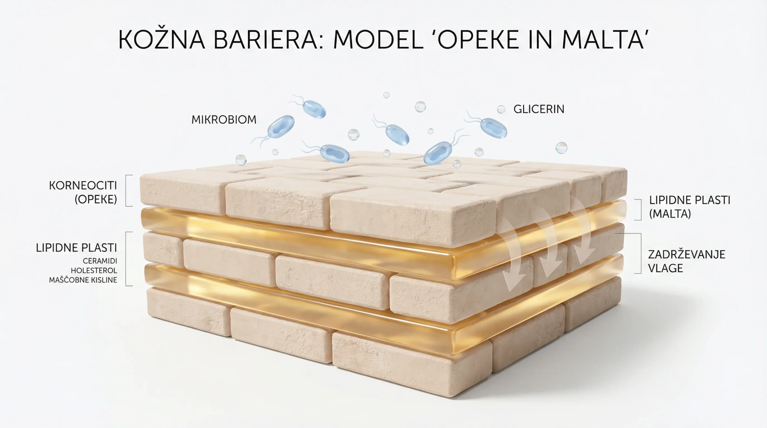 3D render koncepta kožne bariere: model 'opeke in malta' rožene plasti, kjer so korneociti kot svetlo bež opeke z rahlo hrapavo površino, med njimi pa