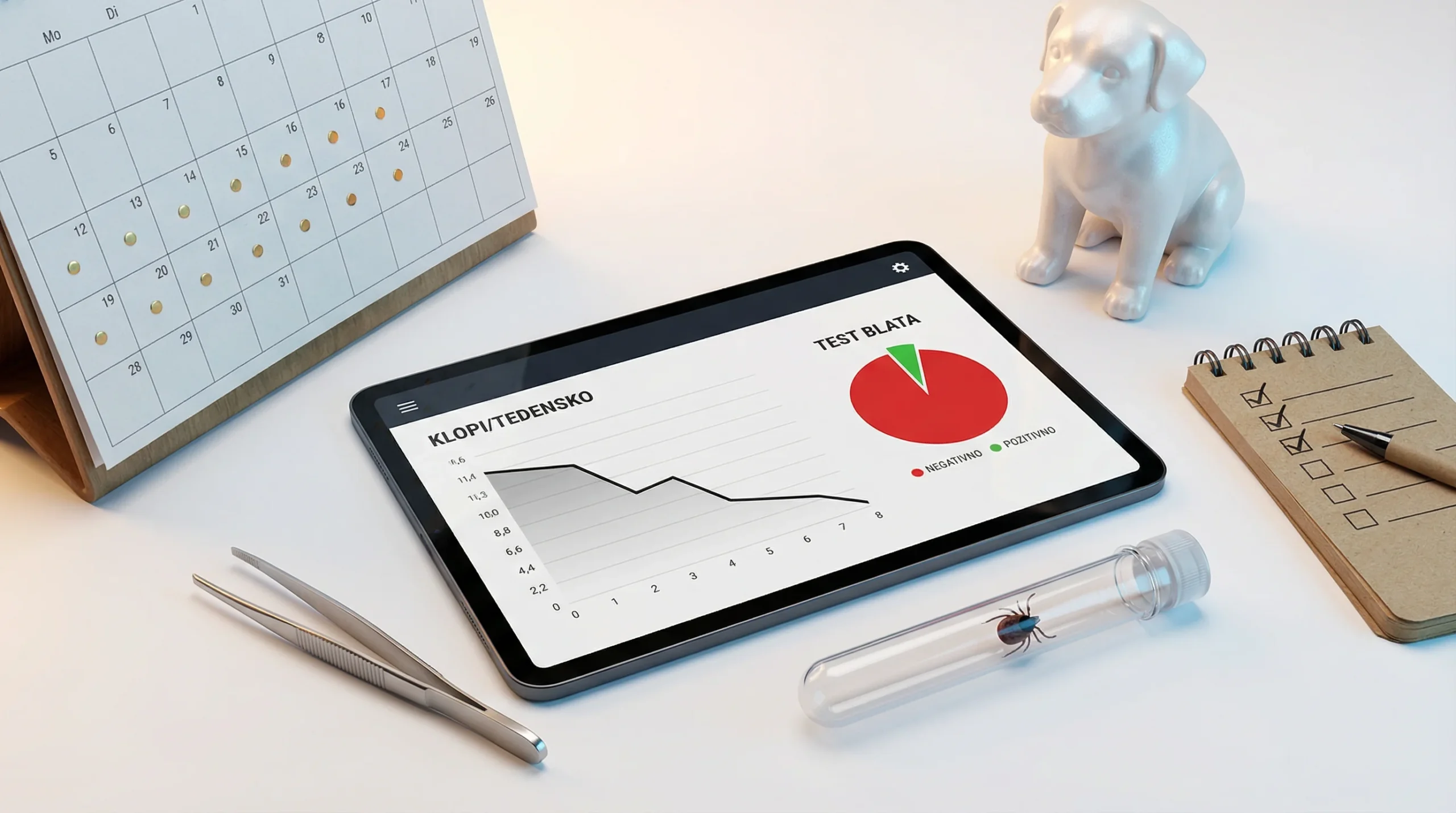 3D render namiznega prizora za spremljanje uspeha: na sredini tablica s čistim vmesnikom—črn linijski graf »klopi/tedensko« se znižuje, ob njem majhen