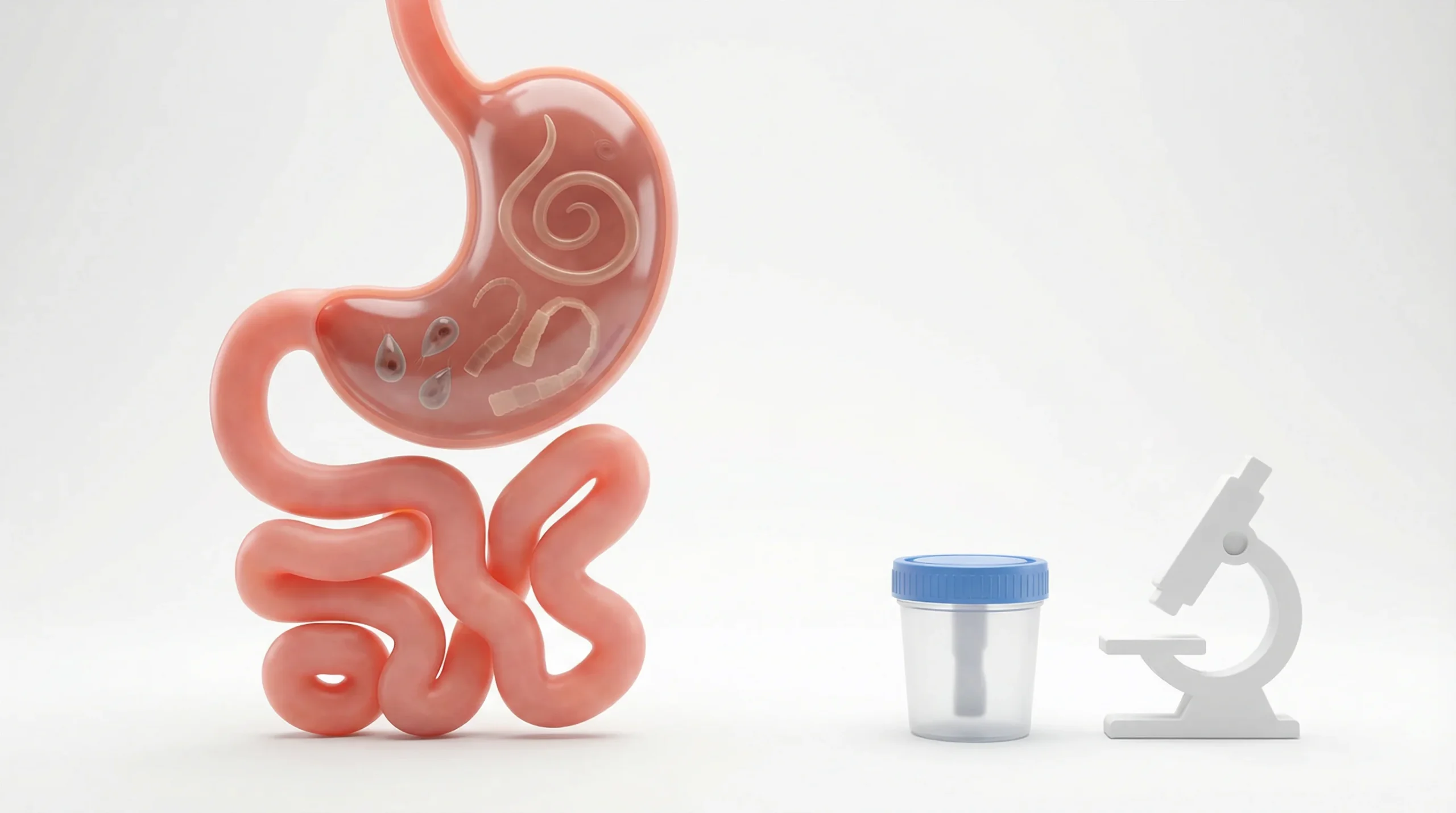 3D render prereza prebavnega trakta psa/mačke na belem ozadju: stiliziran želodec in vijugasto tanko črevo, gladek silikonast videz s podkožnim sipanj