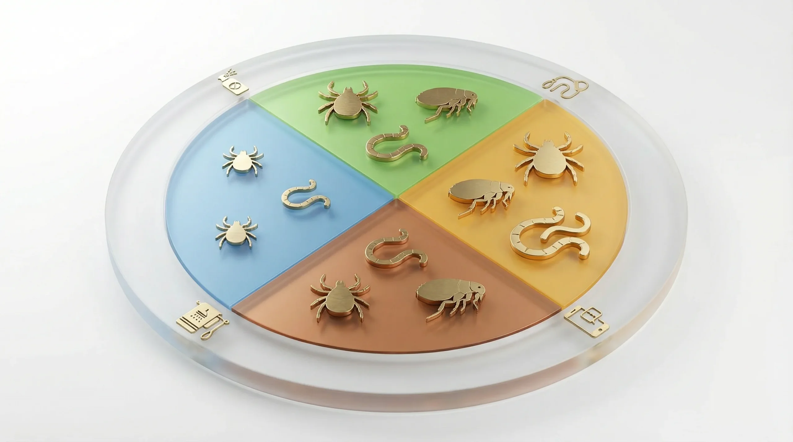 3D render krožnega 'sezonskega kolesa' razdeljenega na štiri kvadrante: pomlad (sveže zelena), poletje (topla rumeno-oranžna), jesen (bakreno rjava), 