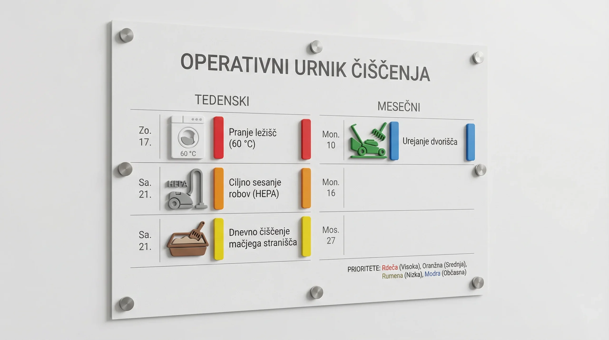 3D render stenskega koledarja z operativnim urnikom čiščenja: tedenski in mesečni stolpci, barvno označene prioritete. Ikone: pralni stroj 60 °C (pran