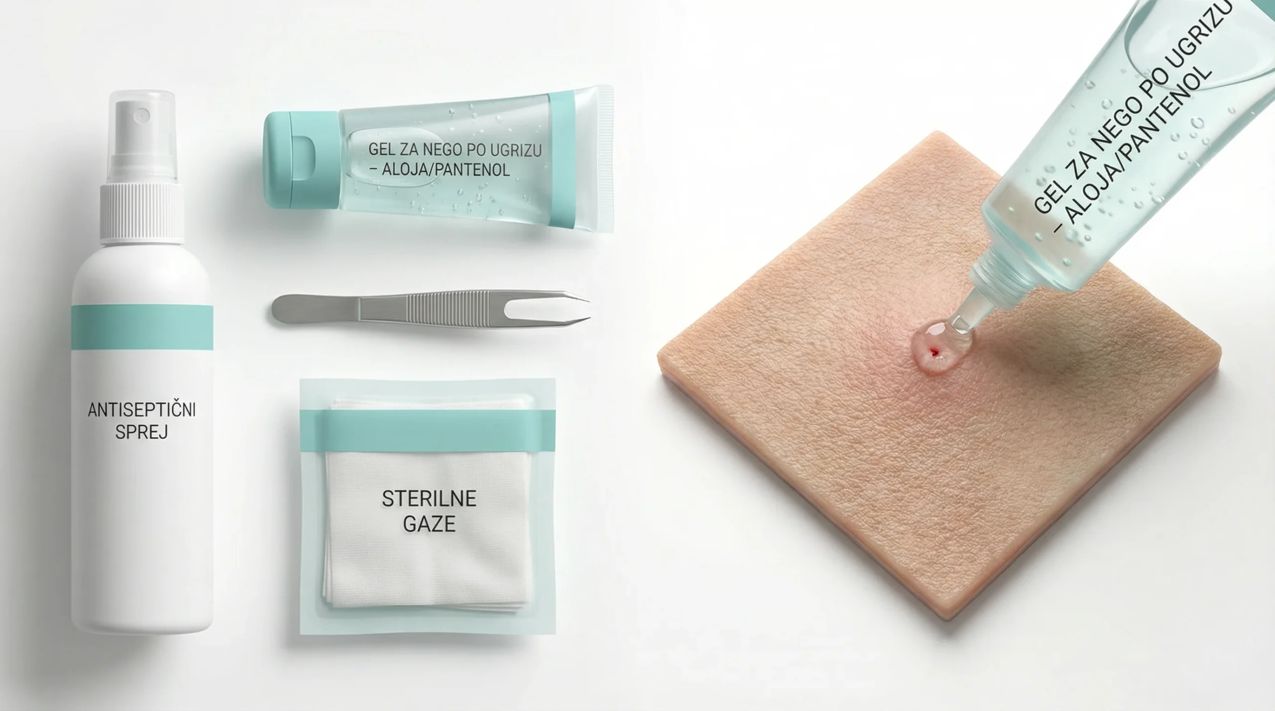 3D render kompleta za nego kože po ugrizu na belem studiu: mat bel antiseptični sprej, prozorna tuba gela (aloja/pantenol) z drobnimi zračnimi mehurčk