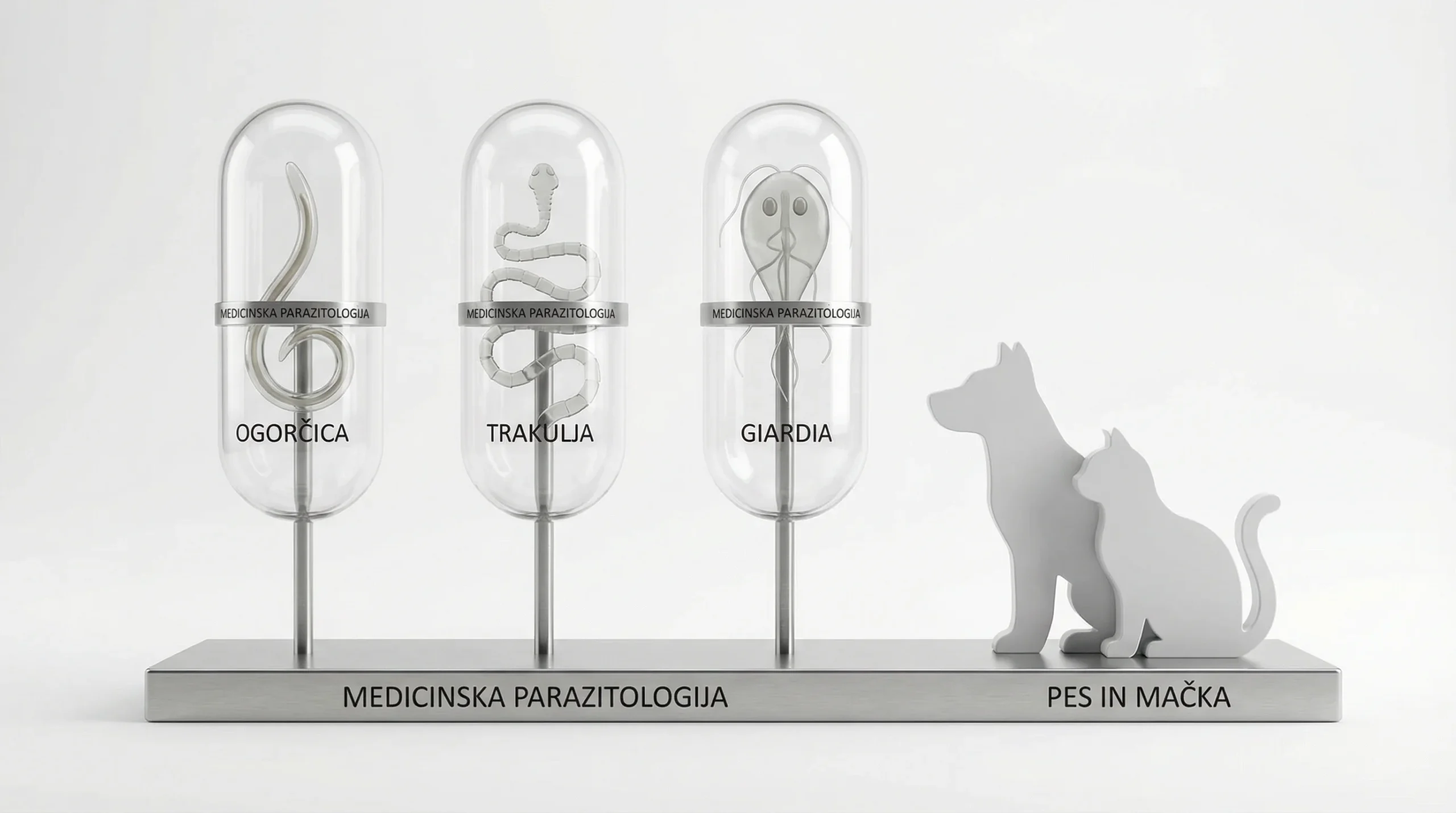 3D render sterilnega, medicinskega prizora na belem studijskem ozadju: tri prosojne steklene kapsule na tankih kovinskih stojalih, vsaka vsebuje stili