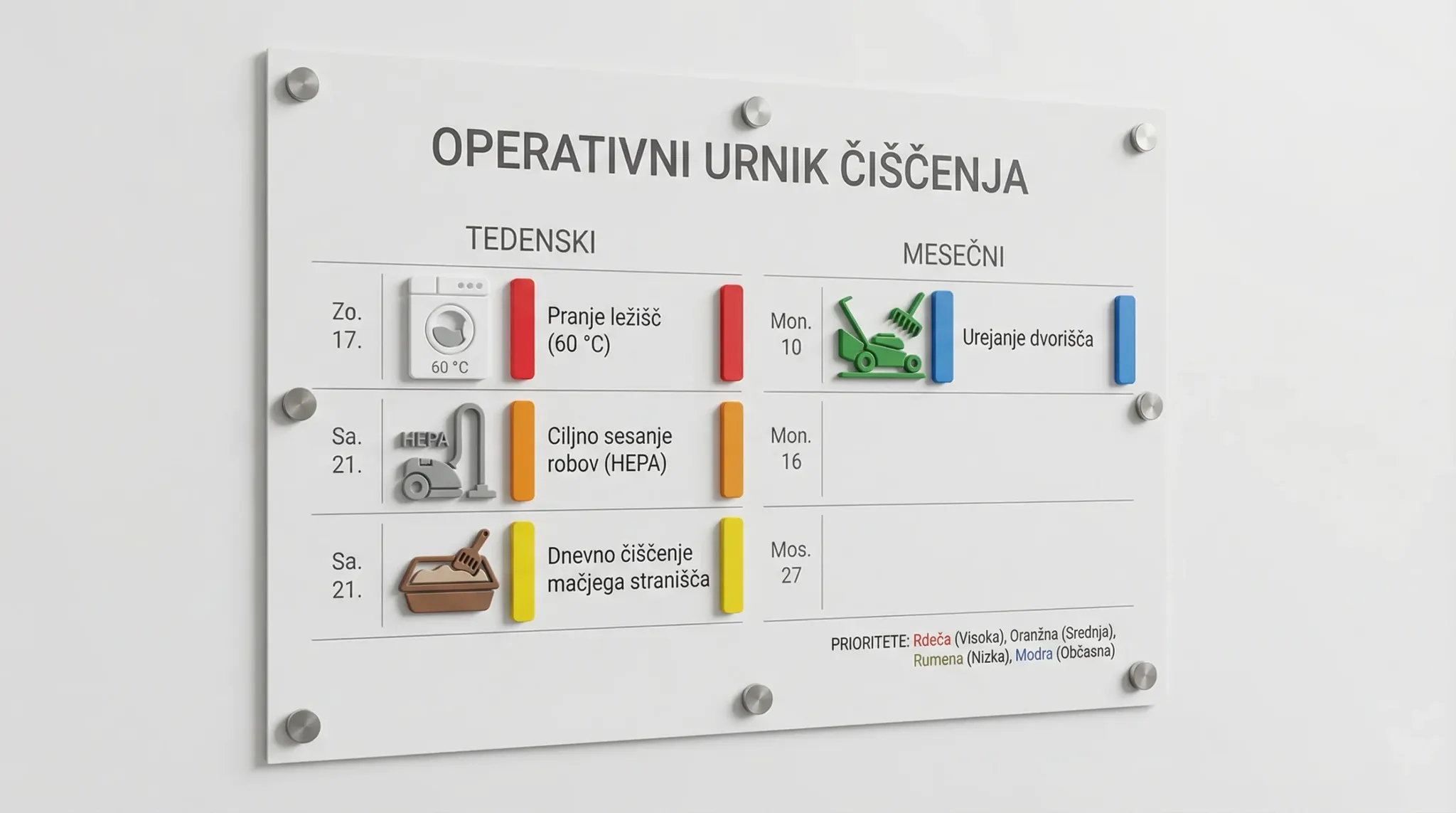 3D render stenskega koledarja z operativnim urnikom čiščenja: tedenski in mesečni stolpci, barvno označene prioritete. Ikone: pralni stroj 60 °C (pran