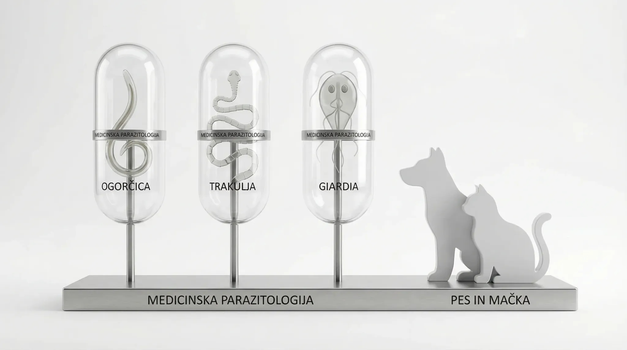 3D render sterilnega, medicinskega prizora na belem studijskem ozadju: tri prosojne steklene kapsule na tankih kovinskih stojalih, vsaka vsebuje stili