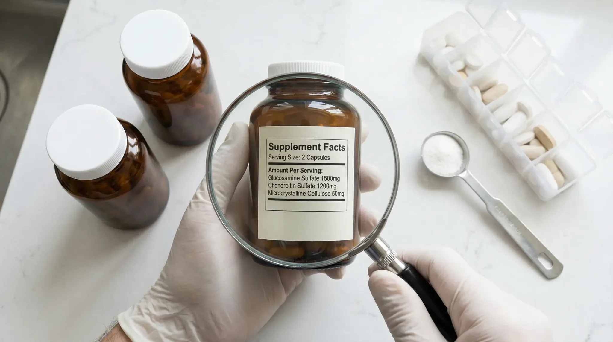 Close-up, top-down photograph of unbranded supplement bottles on a clean white counter; a hand holds a magnifying glass over a plain Supplement Facts