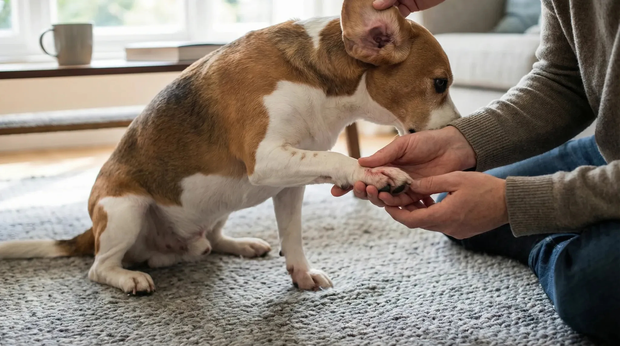 Close-up of a medium-sized short-haired dog sitting on a soft rug while lifting a front paw; visible mild redness between the toes and slight ear irri