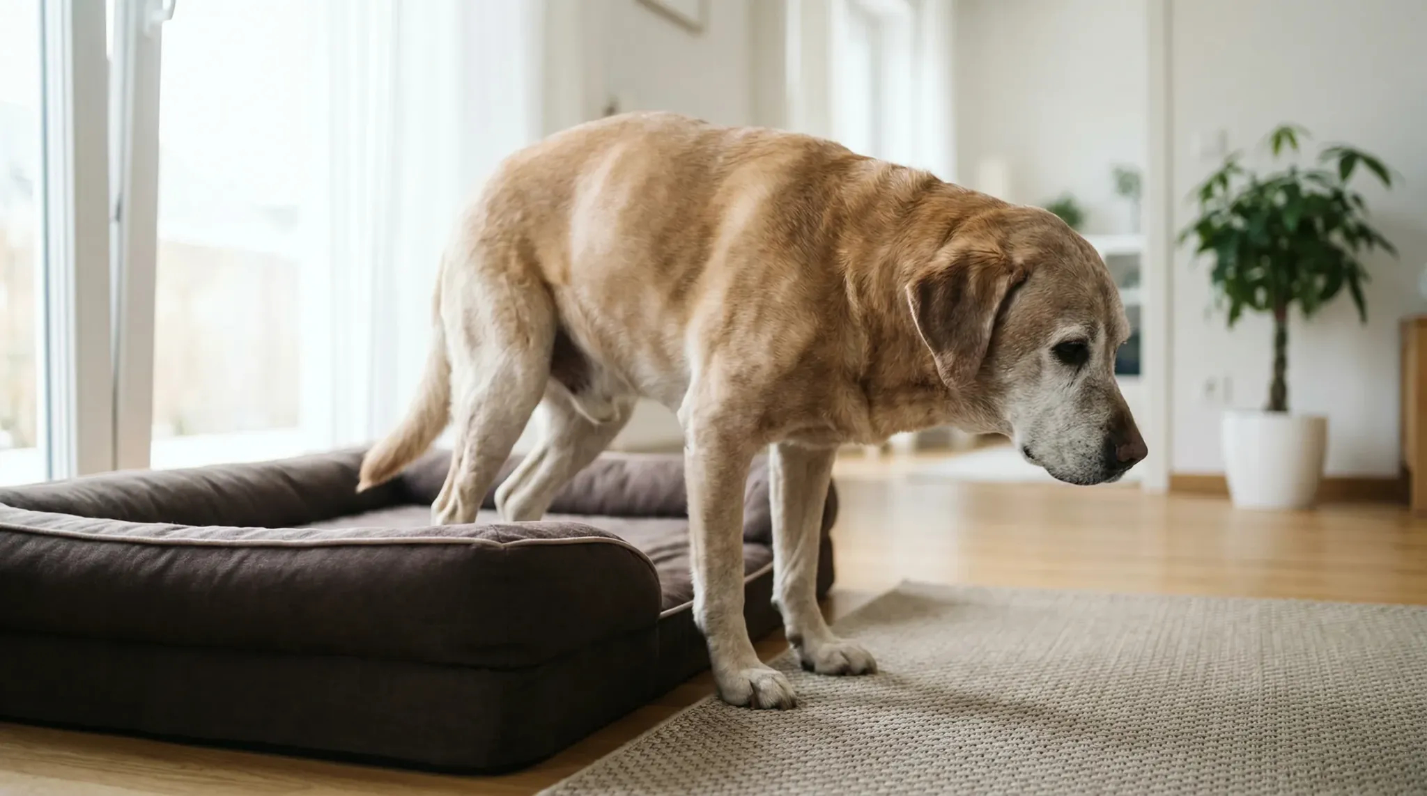 Early morning home scene: a senior Labrador retriever with a graying muzzle slowly rising from an orthopedic dog bed onto a non-slip rug, stiff postur