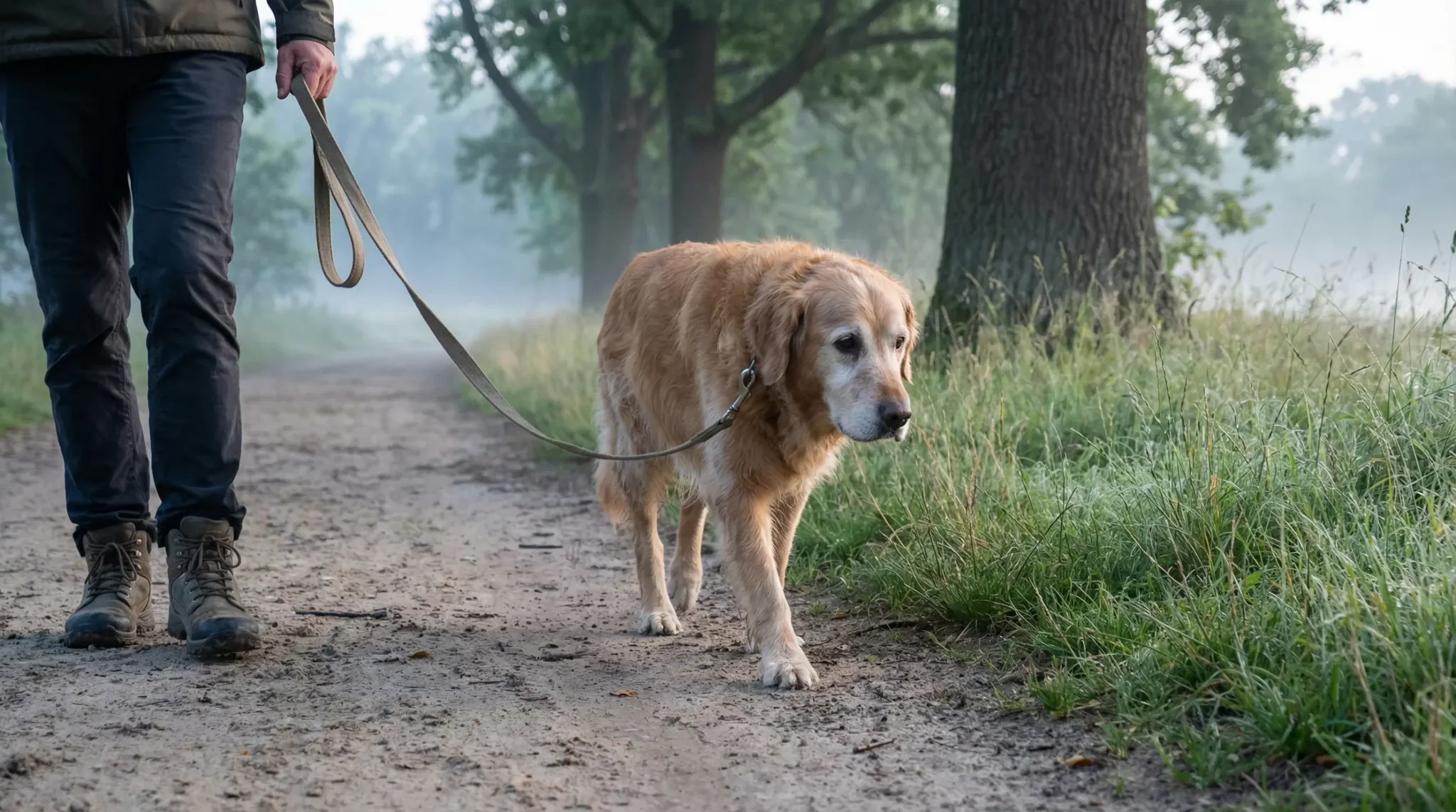 Early morning scene of a leashed dog walking slowly on a flat, soft dirt path in a park. The dog shows mild stiffness but a calm posture. Only the han