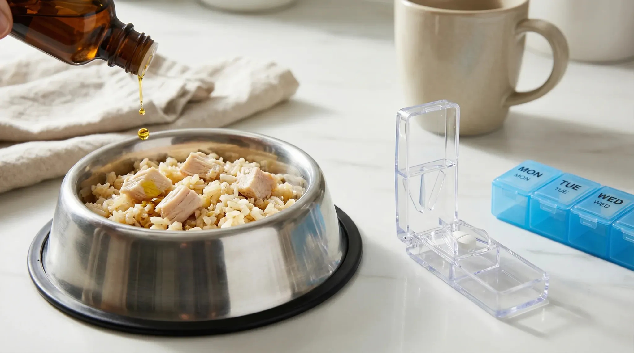 Home kitchen environment: a sensitive-stomach dog’s meal in a stainless-steel bowl with a small measured drizzle from a dark glass dropper bottle of a