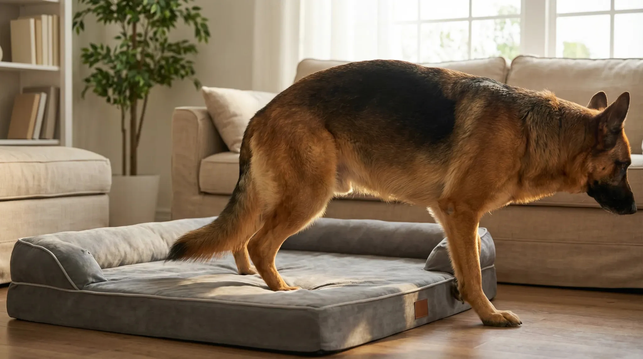 A large-breed dog (adult German Shepherd) rising carefully from an orthopedic dog bed in a sunlit living room; soft morning light highlighting hips, k