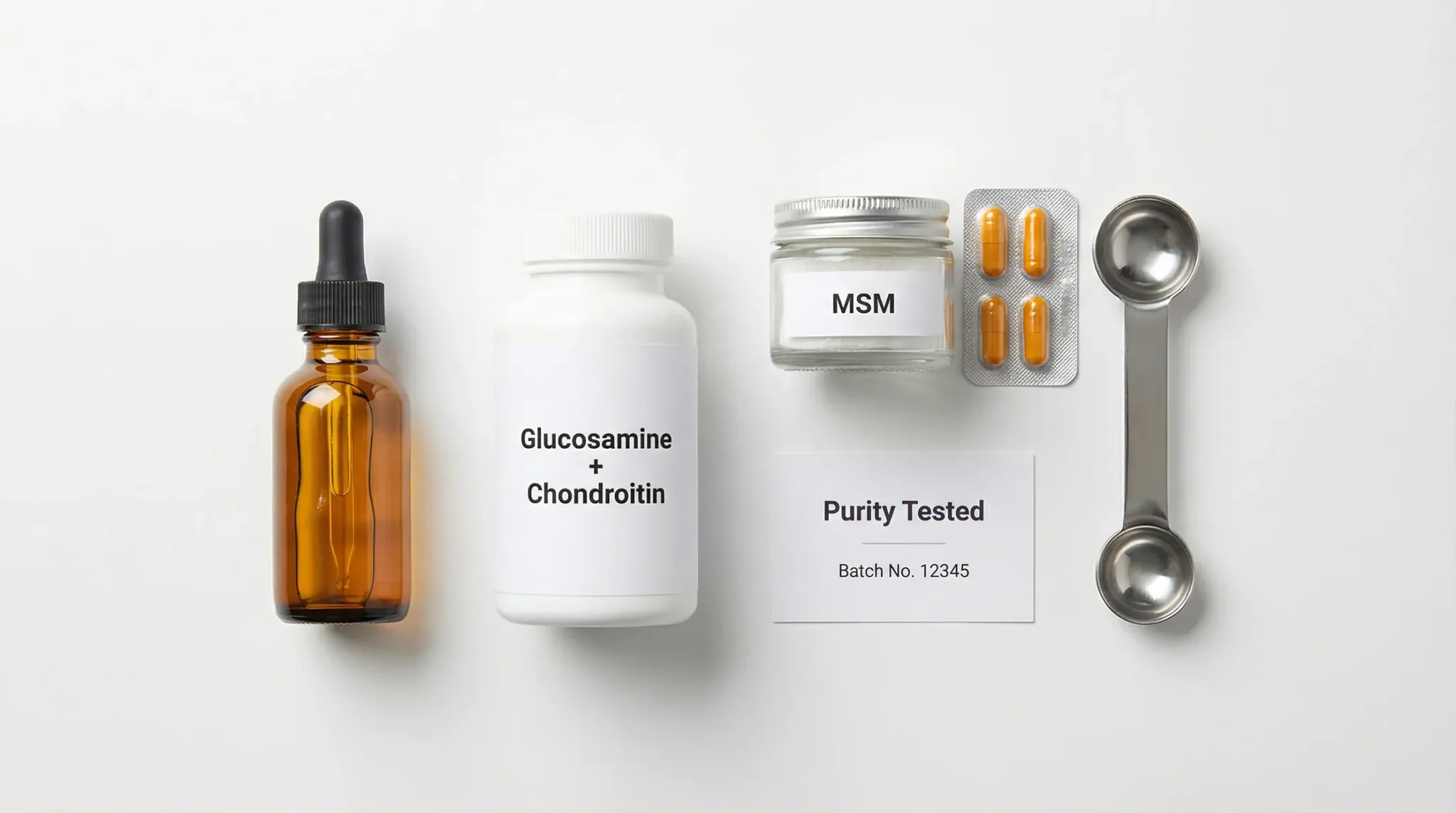 Clean flatlay of pet joint supplements on a white background: unlabeled amber glass bottle of fish oil with dropper, plain white pill bottle labeled g