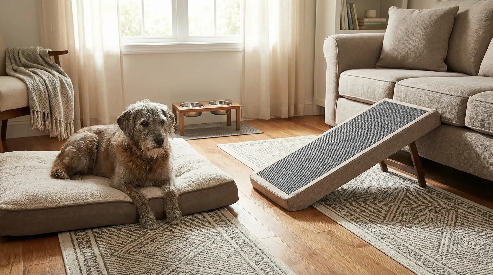 Lifestyle photo of a medium-size senior dog in a cozy living room showcasing joint-safe modifications: non-slip runner rugs, a low ramp leading to a s