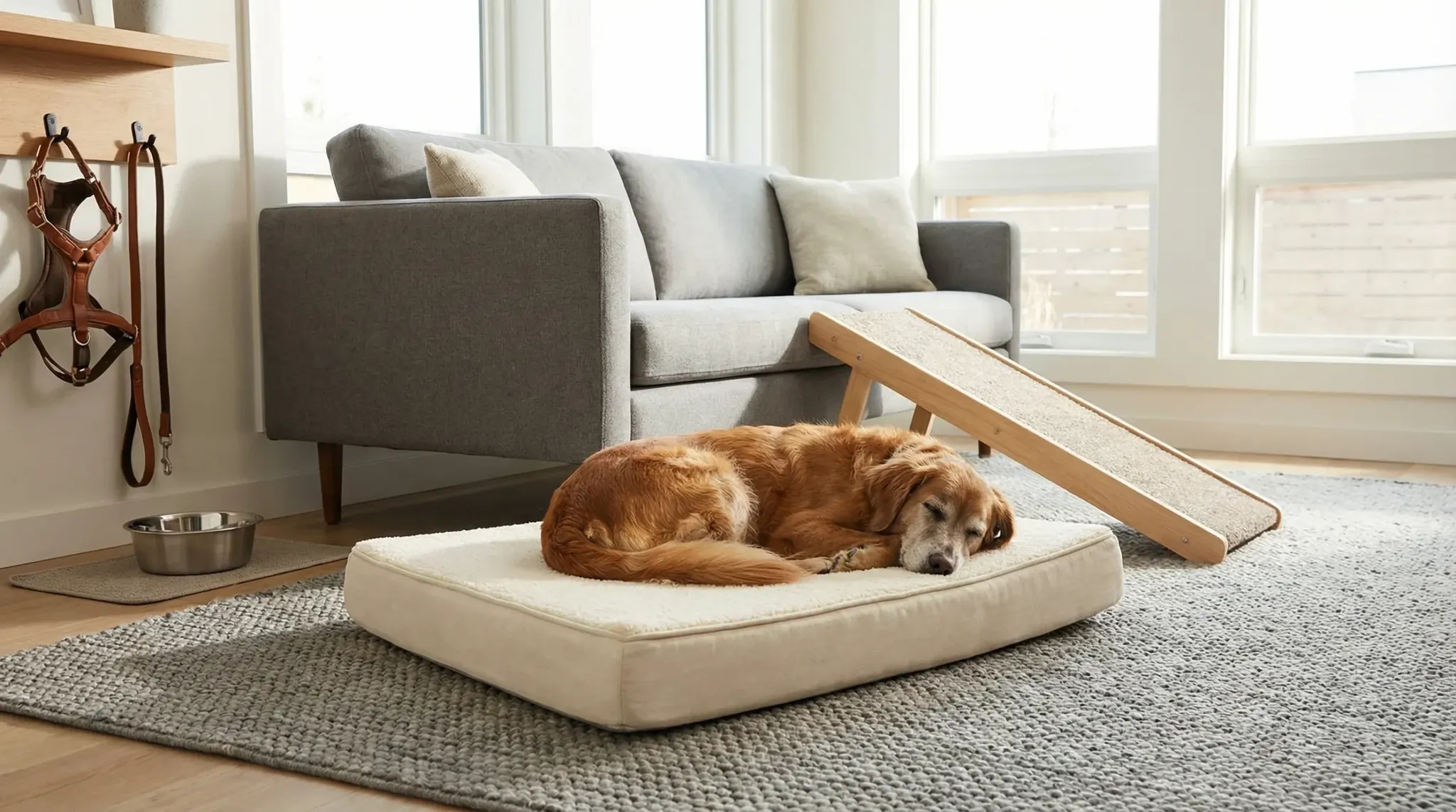 Bright living room with an orthopedic dog bed on a non-slip rug, a low ramp leading to a couch, and a medium-sized dog resting comfortably. Nearby are