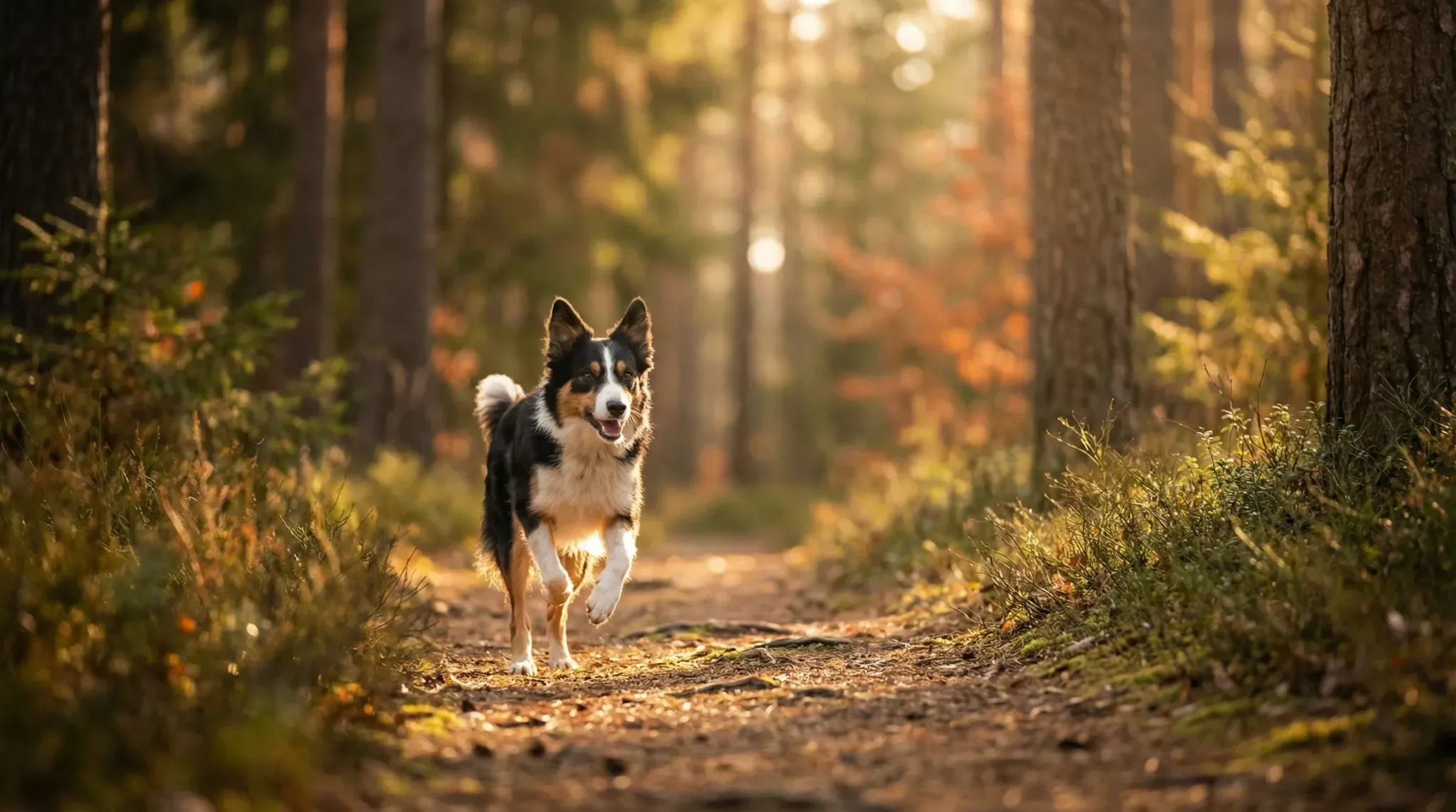 An athletic Border Collie mix running smoothly along a forest trail at sunrise; warm backlight outlining the legs and shoulders; motion frozen mid-str