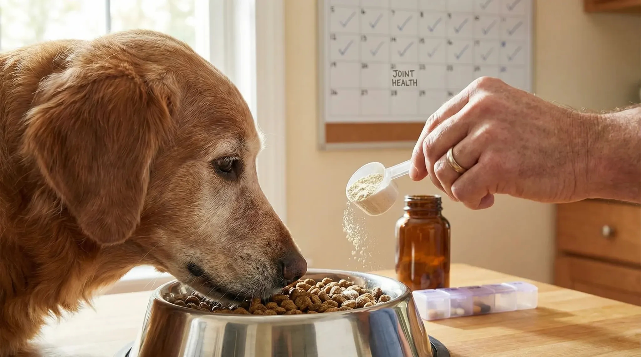 Close-up of a senior medium-sized dog eating from a stainless steel bowl while a human hand sprinkles a measured scoop of joint supplement powder onto