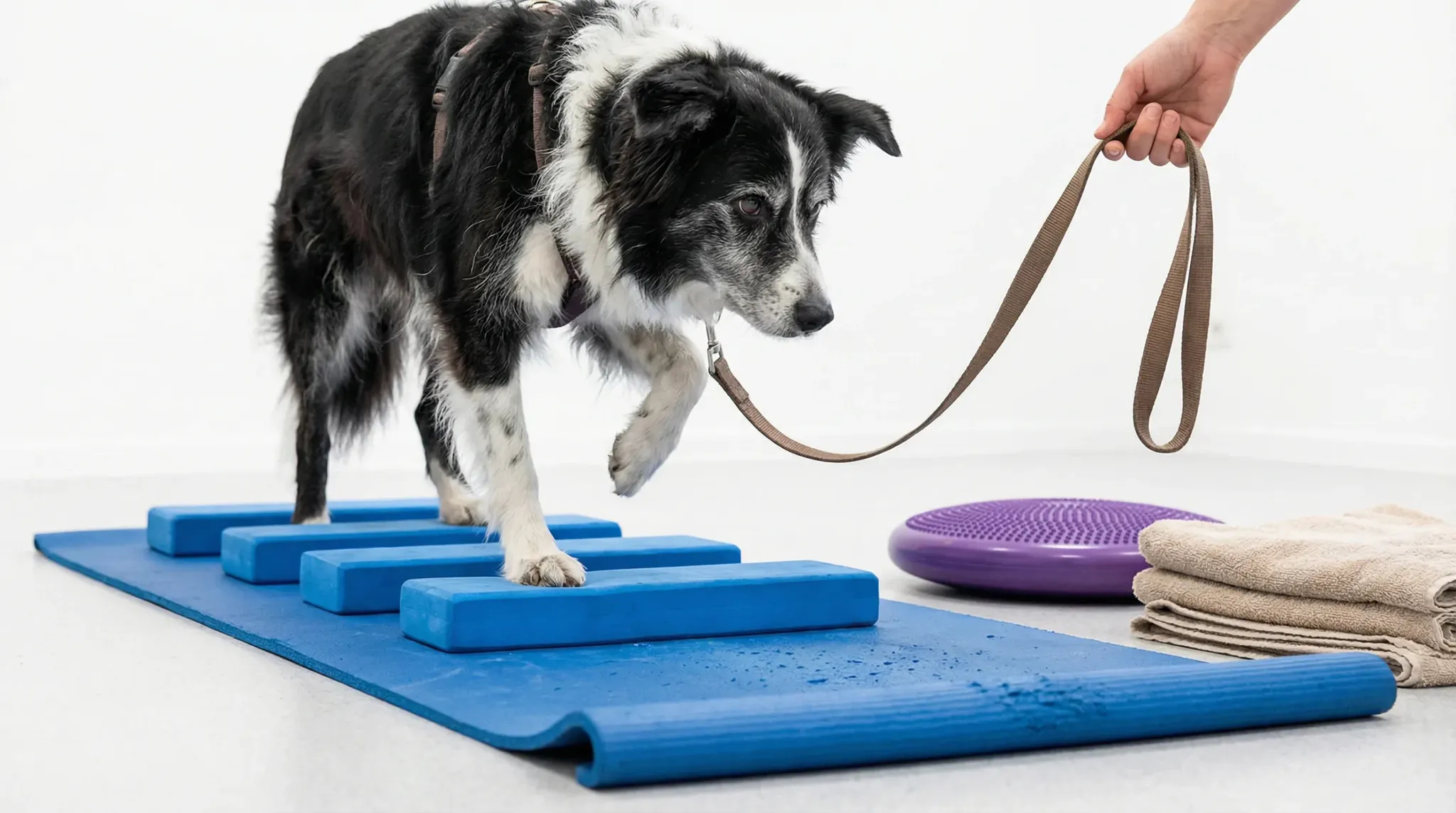 Older border collie mix performing low step-overs across a line of soft foam pads on a yoga mat, guided on a loose leash held by a hand cropped at the