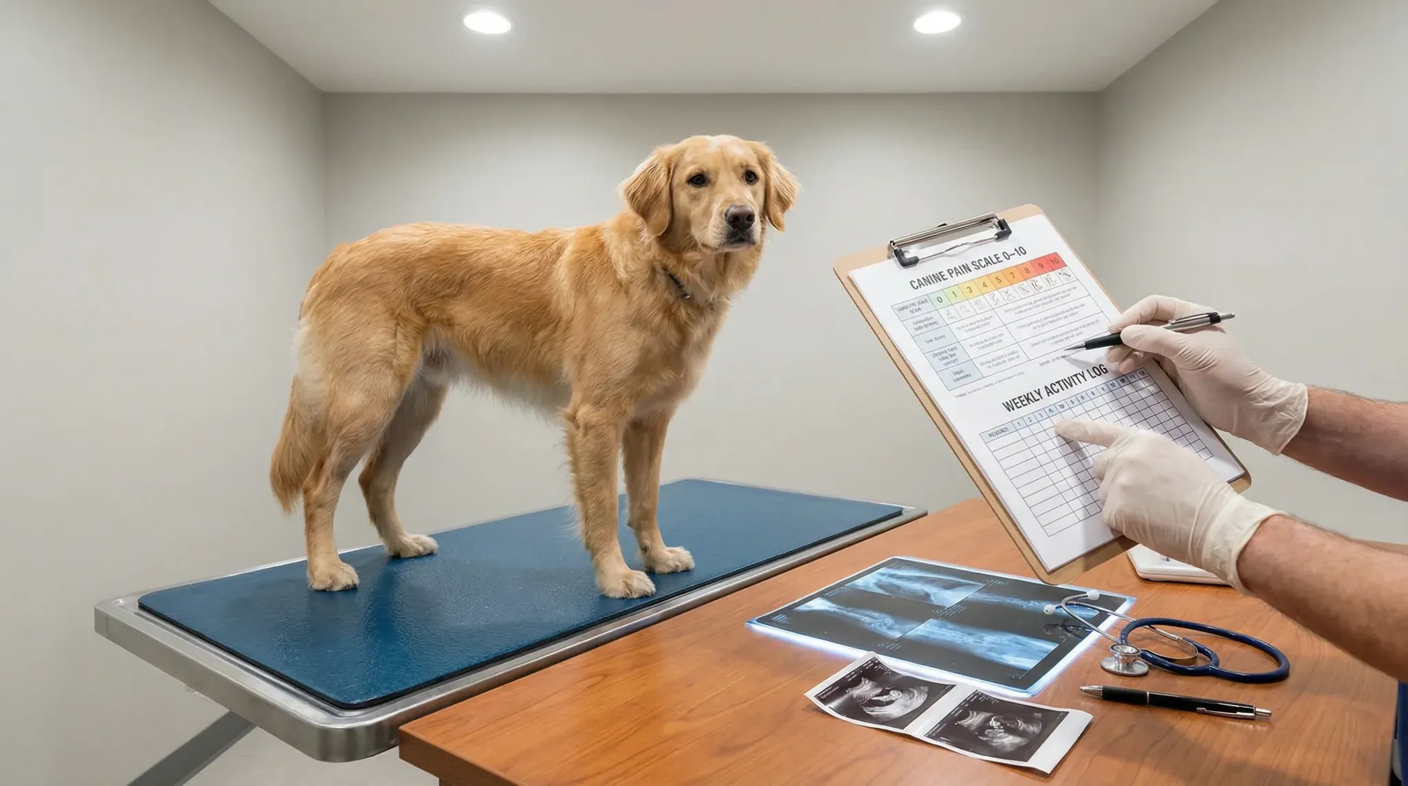 Veterinary exam room with neutral walls: a calm adult dog standing on a non-slip table while a veterinarian’s hands (no faces visible) point to a clip